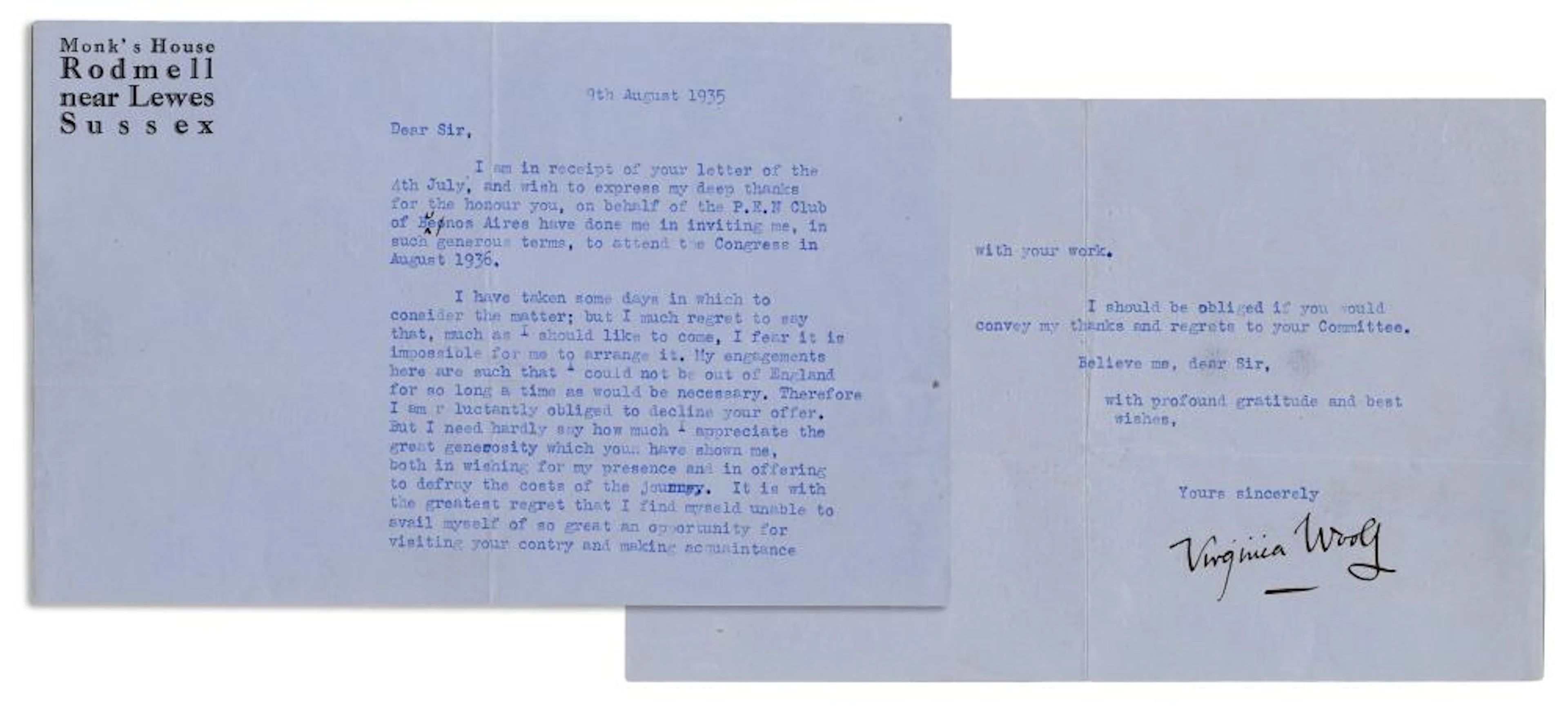 WOOLF, Virginia (1882?1941). Typed letter signed (?Virginia...