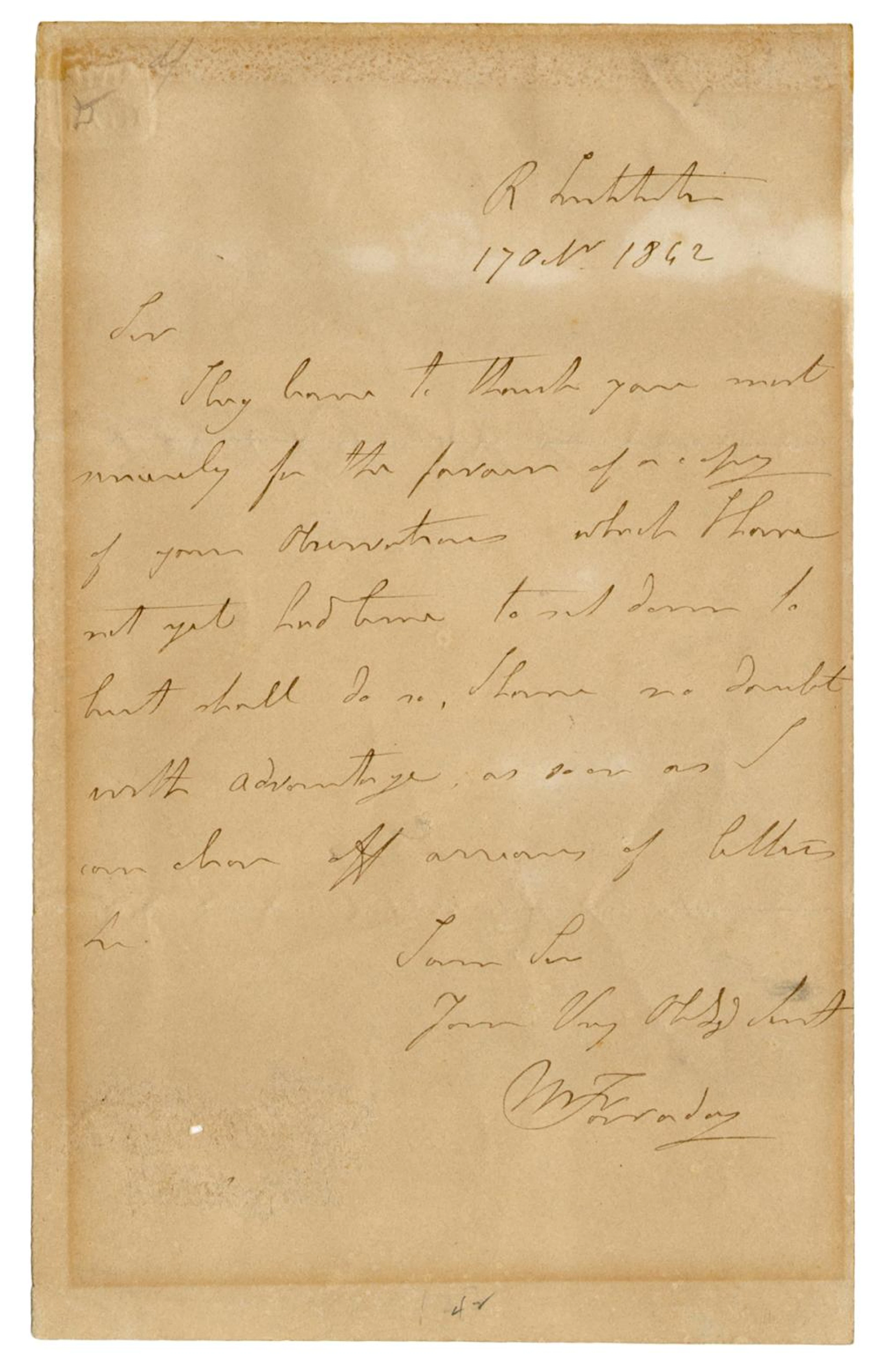 FARADAY, Michael (1791-1867). Autographed letter signed by ...