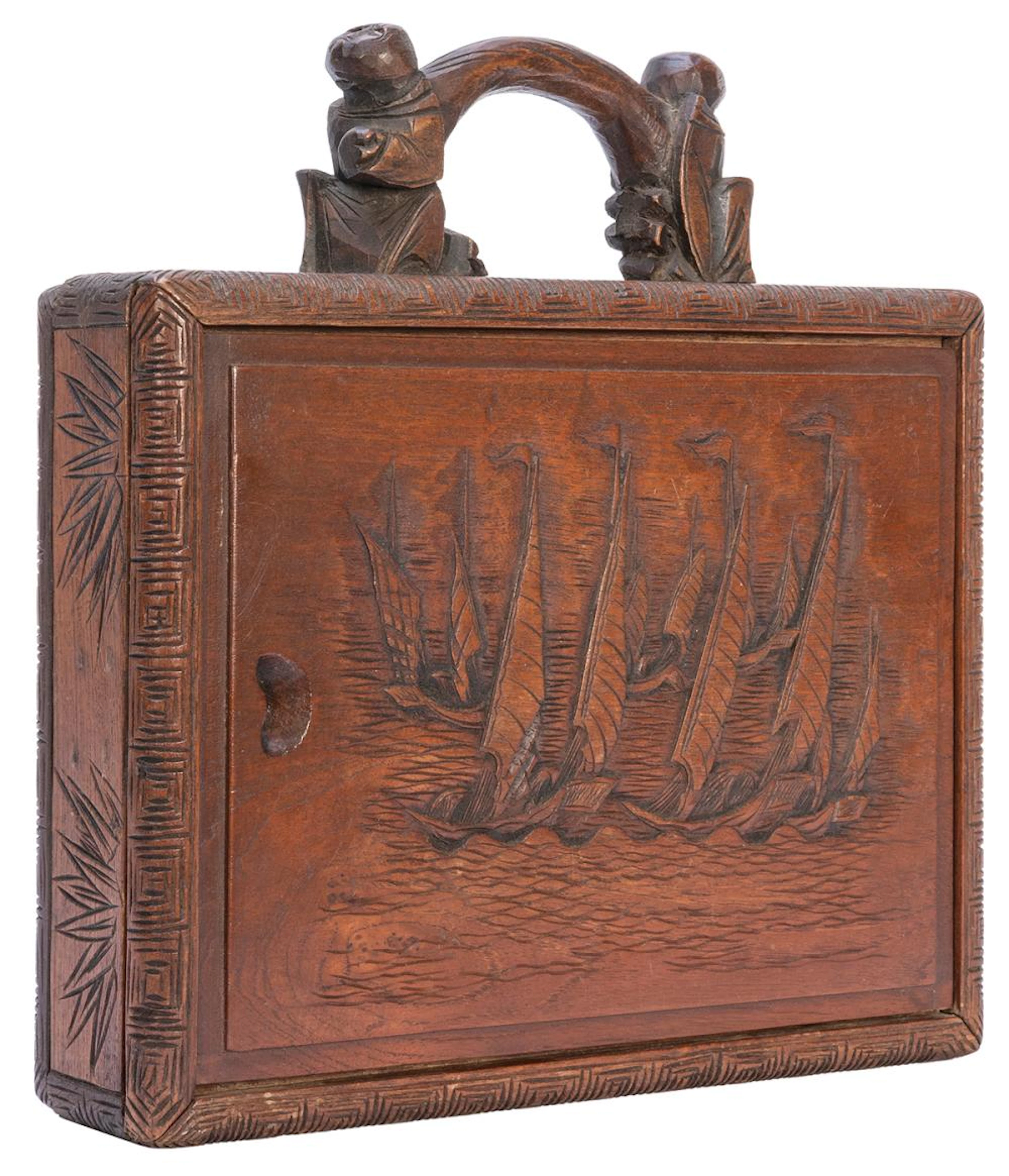 Chinese carved wooden poker chip case. Carved with junk boa...