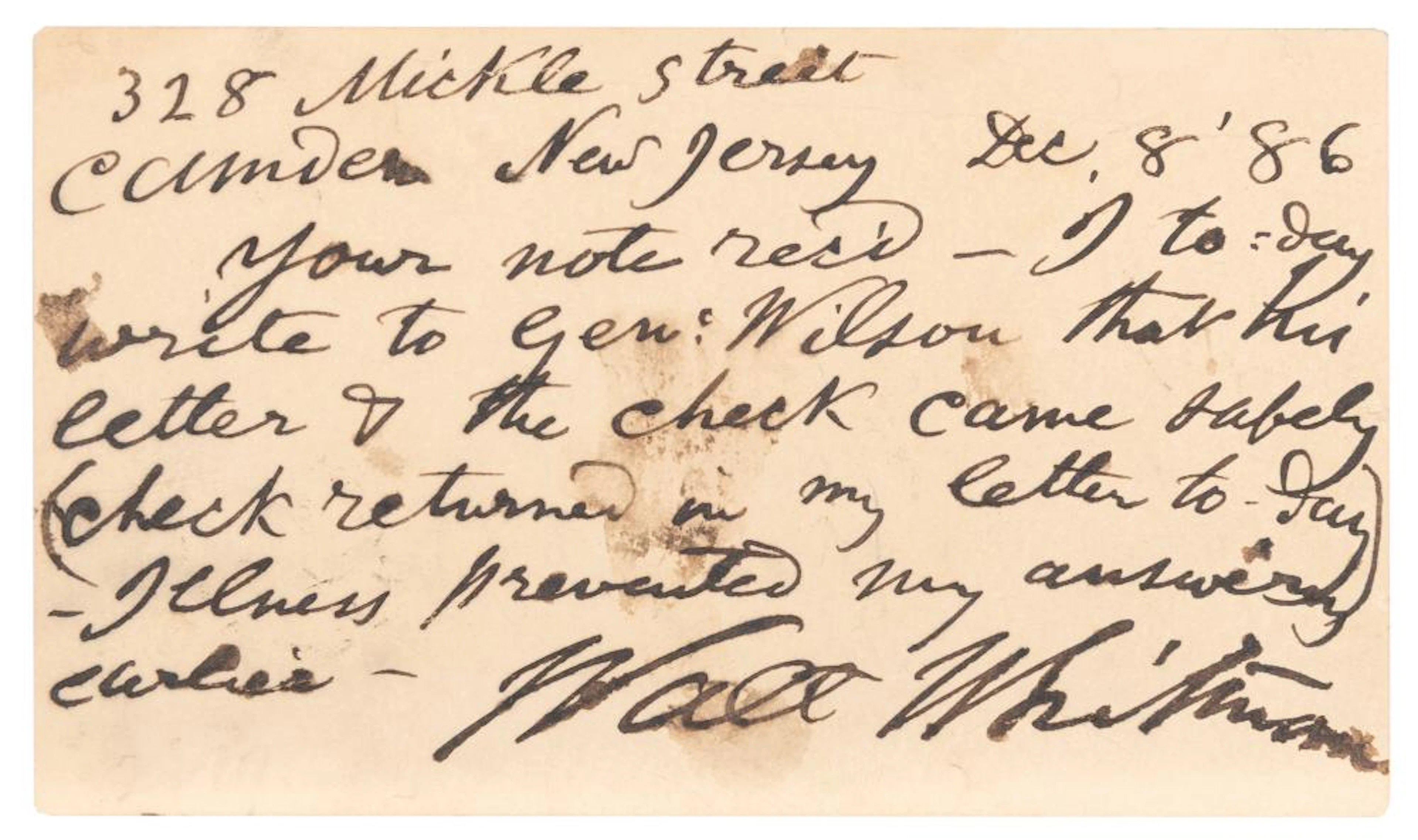 WHITMAN, Walt (1819?1892). Autograph note on postcard signe...