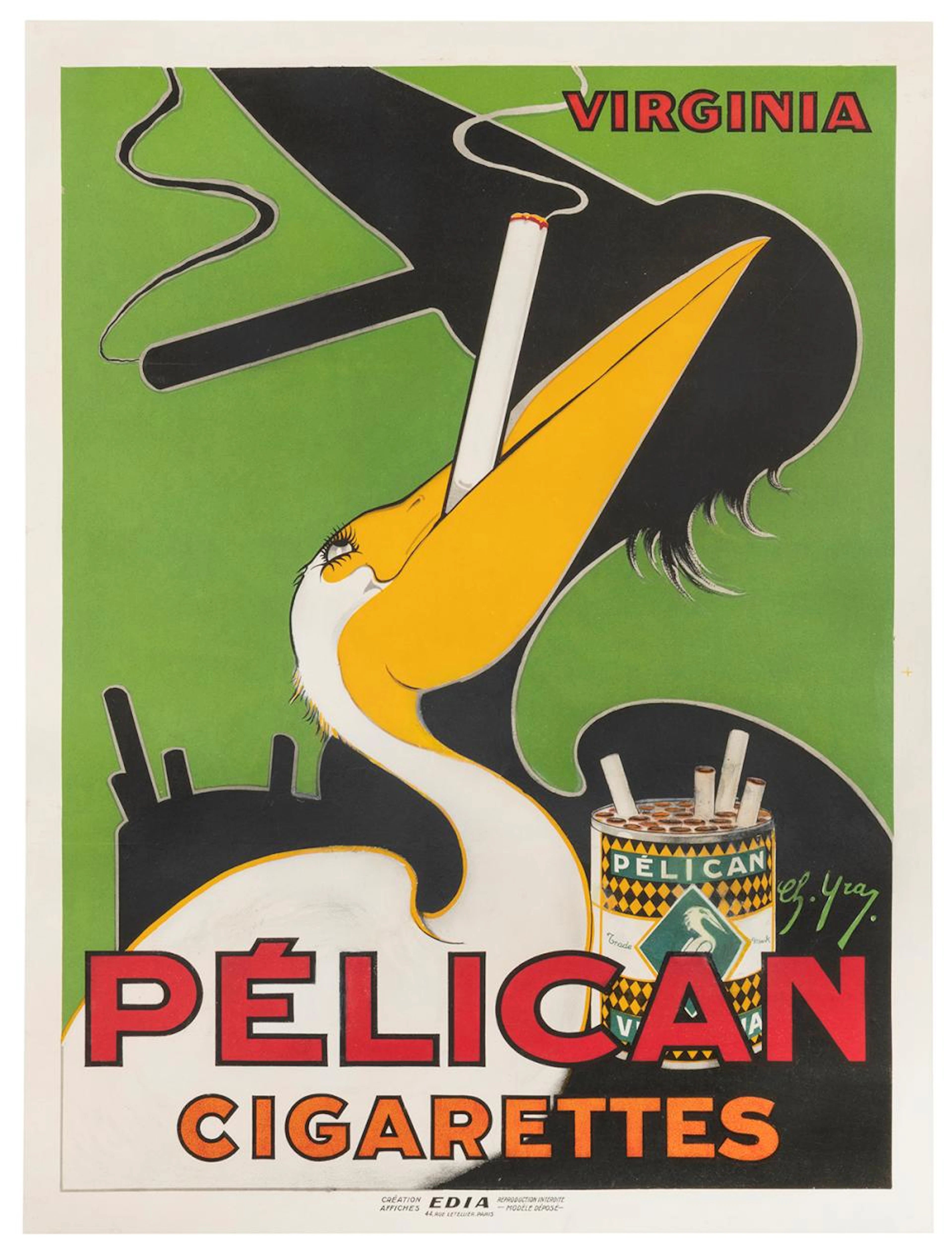 YRAY, Charles. Pelican Cigarettes. Paris: Edia, ca. 1930s. ...