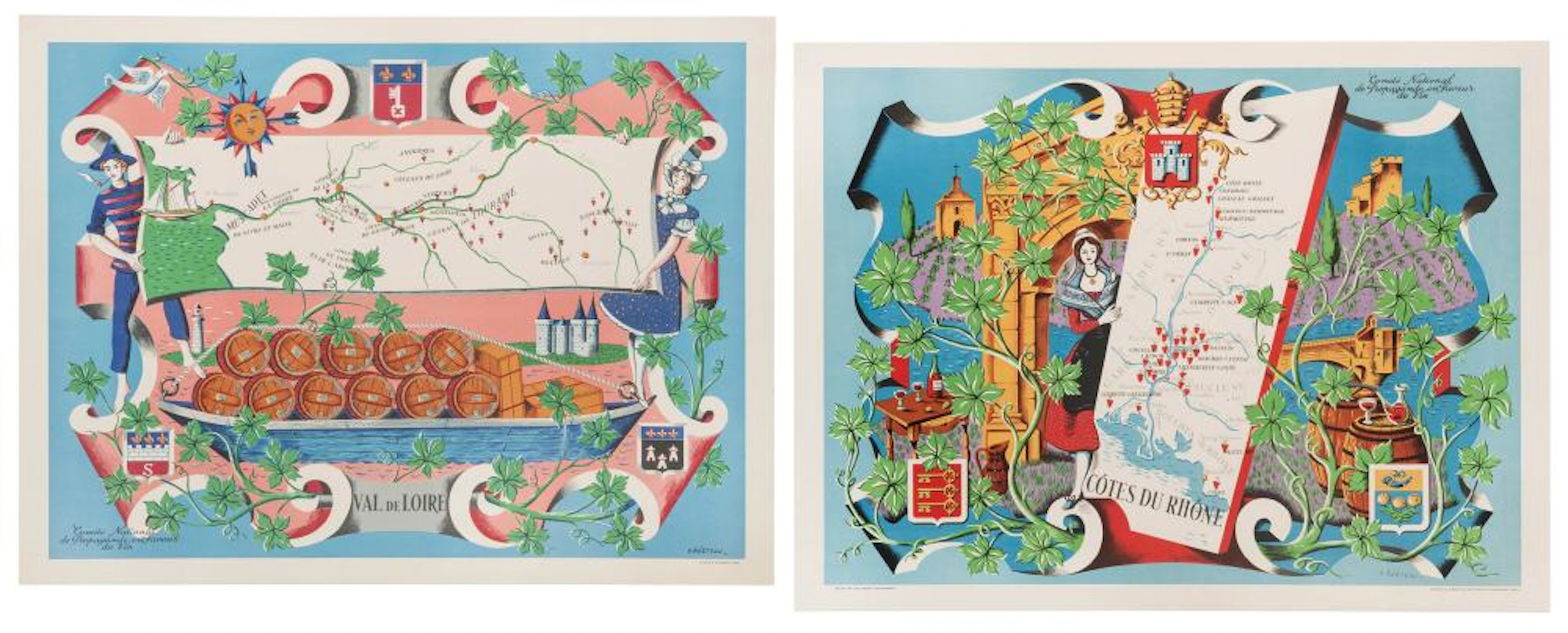 HETREAU, Remy (1913?2001). Two French wine poster maps. Par...