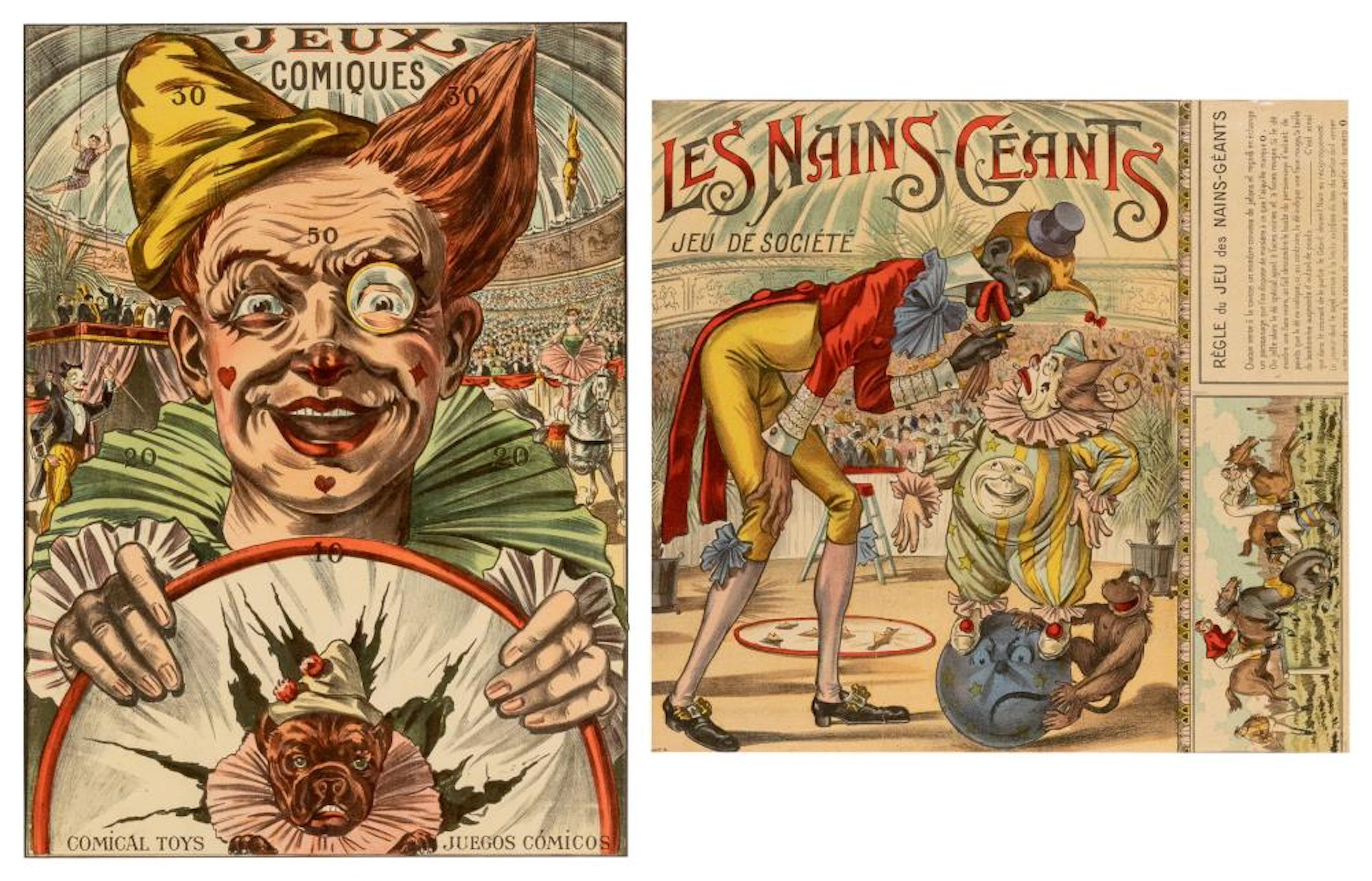 Group of two chromolithographs of French circus-themed game...