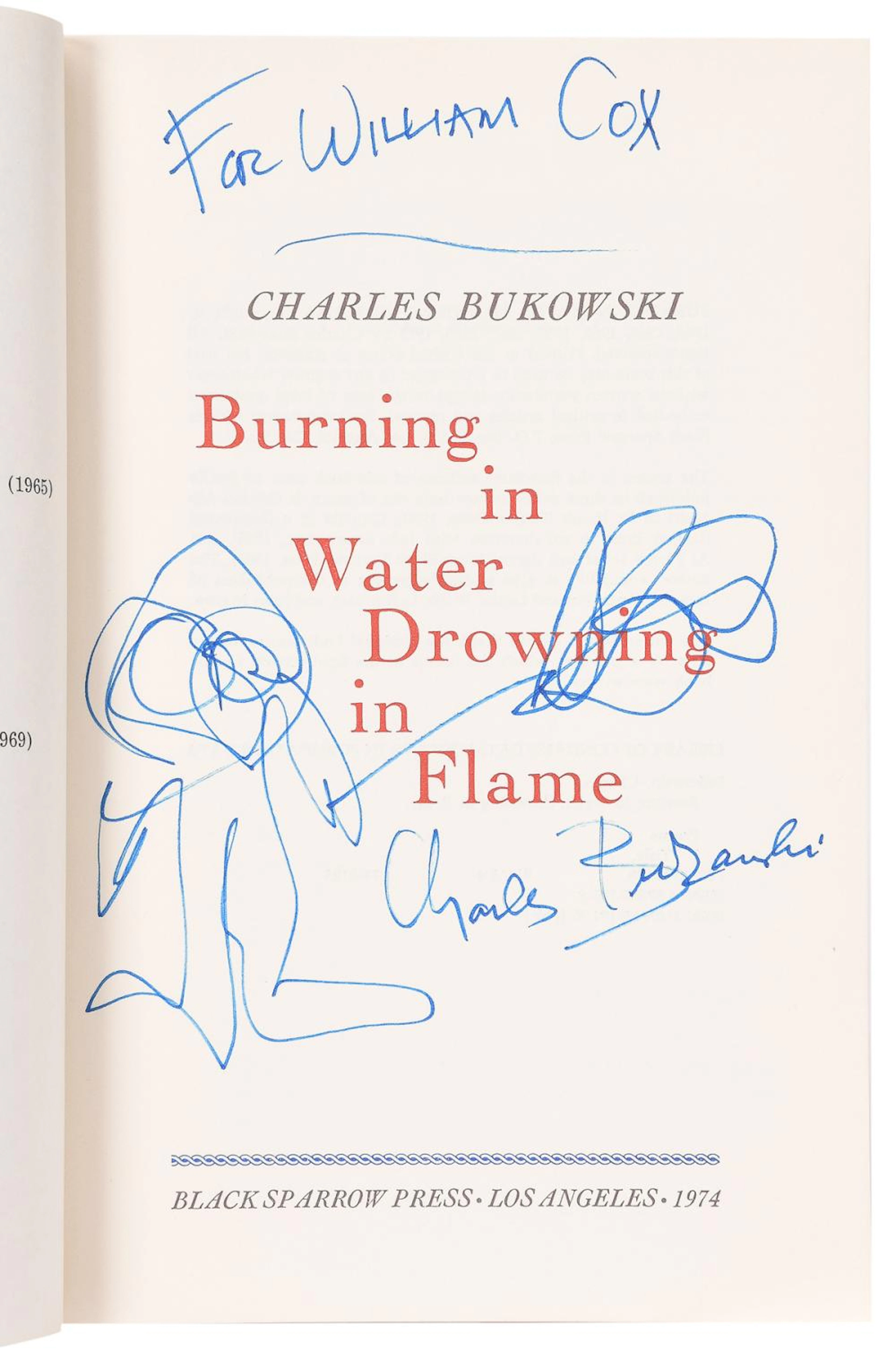 BUKOWSKI, Charles (1920-1994). Burning in Water Drowning in...