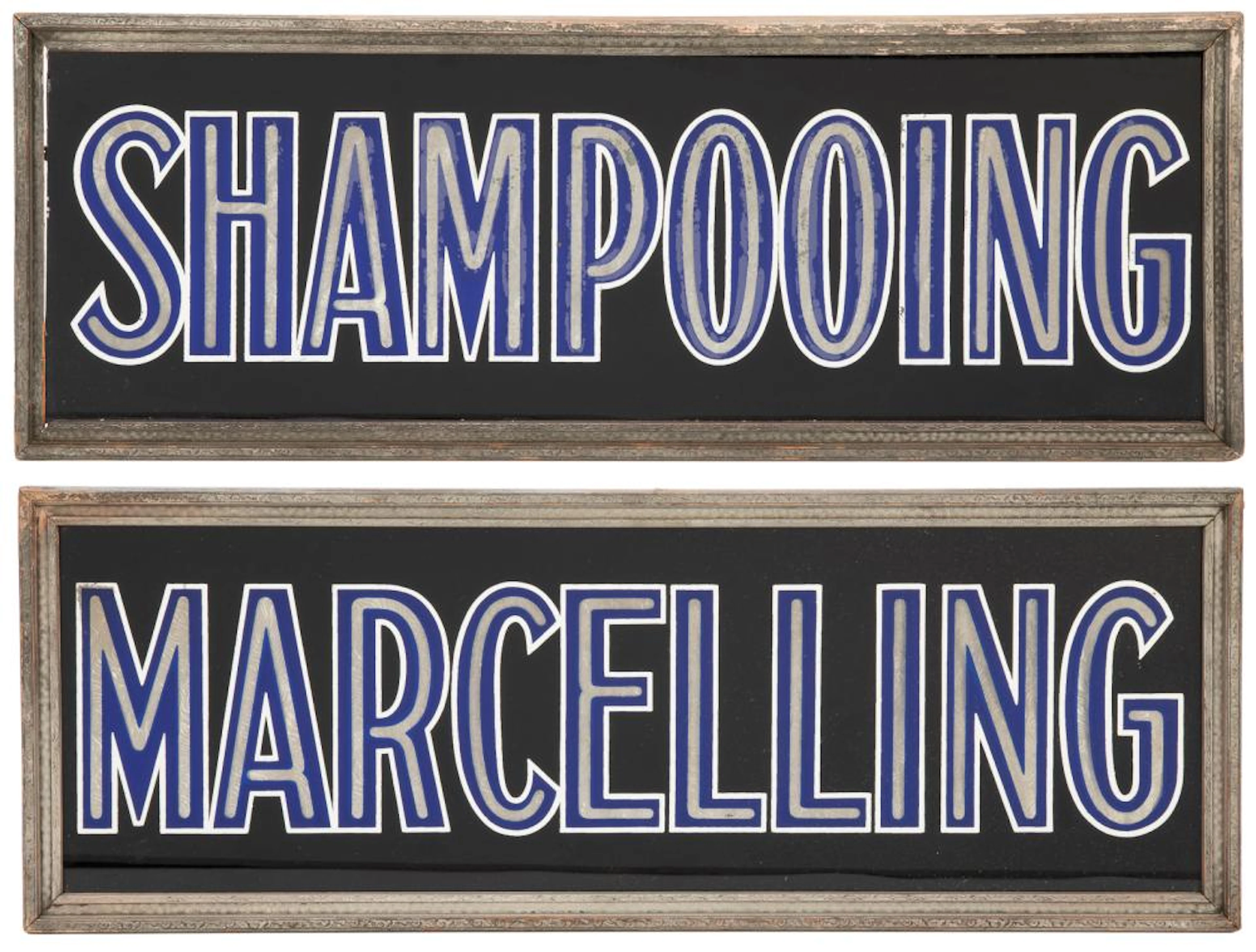 Two Hair Service Signs. Circa 1920s. Two reverse painted gl...