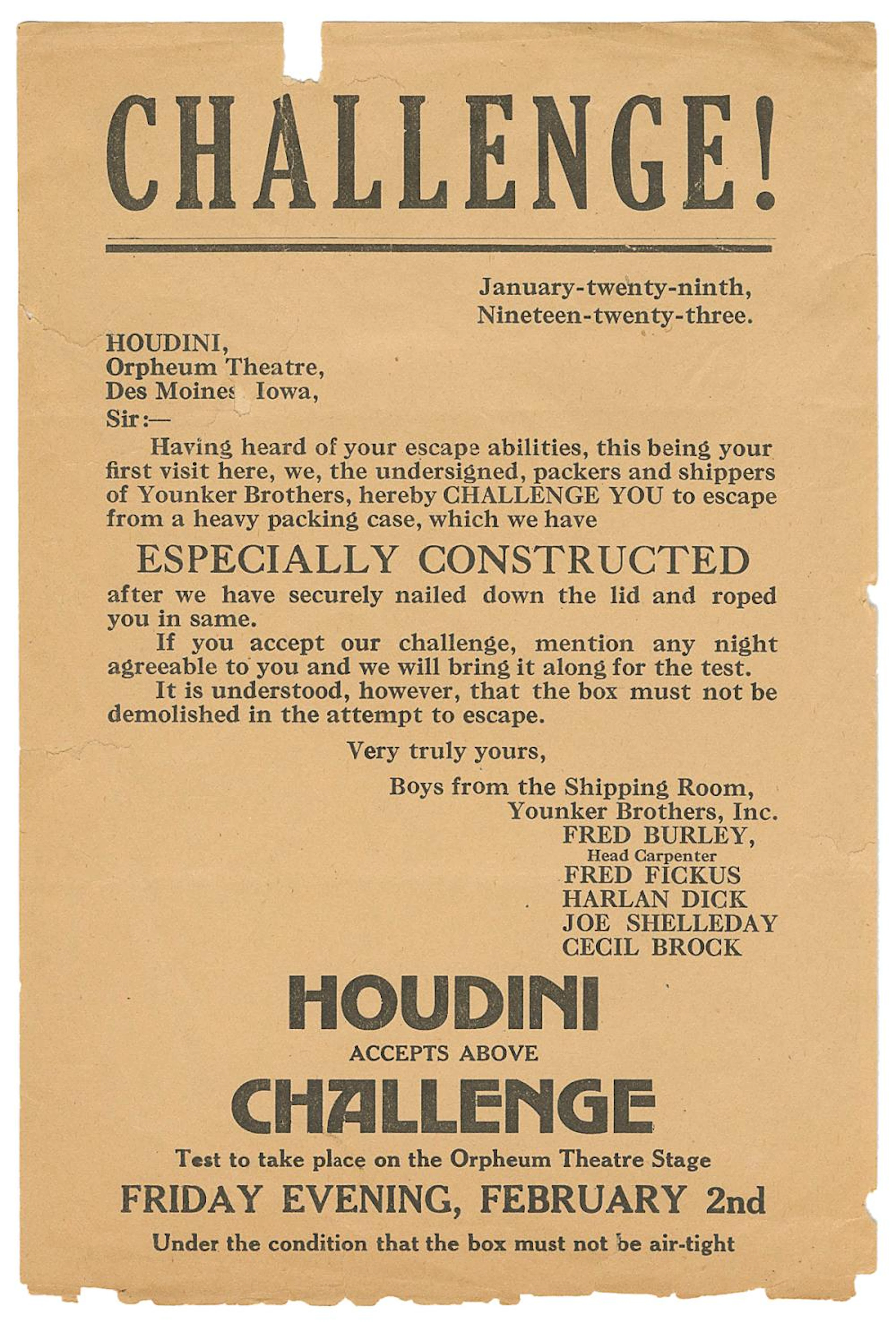 HOUDINI, Harry (Erik Weisz, 1874 ? 1926). Houdini Packing B...