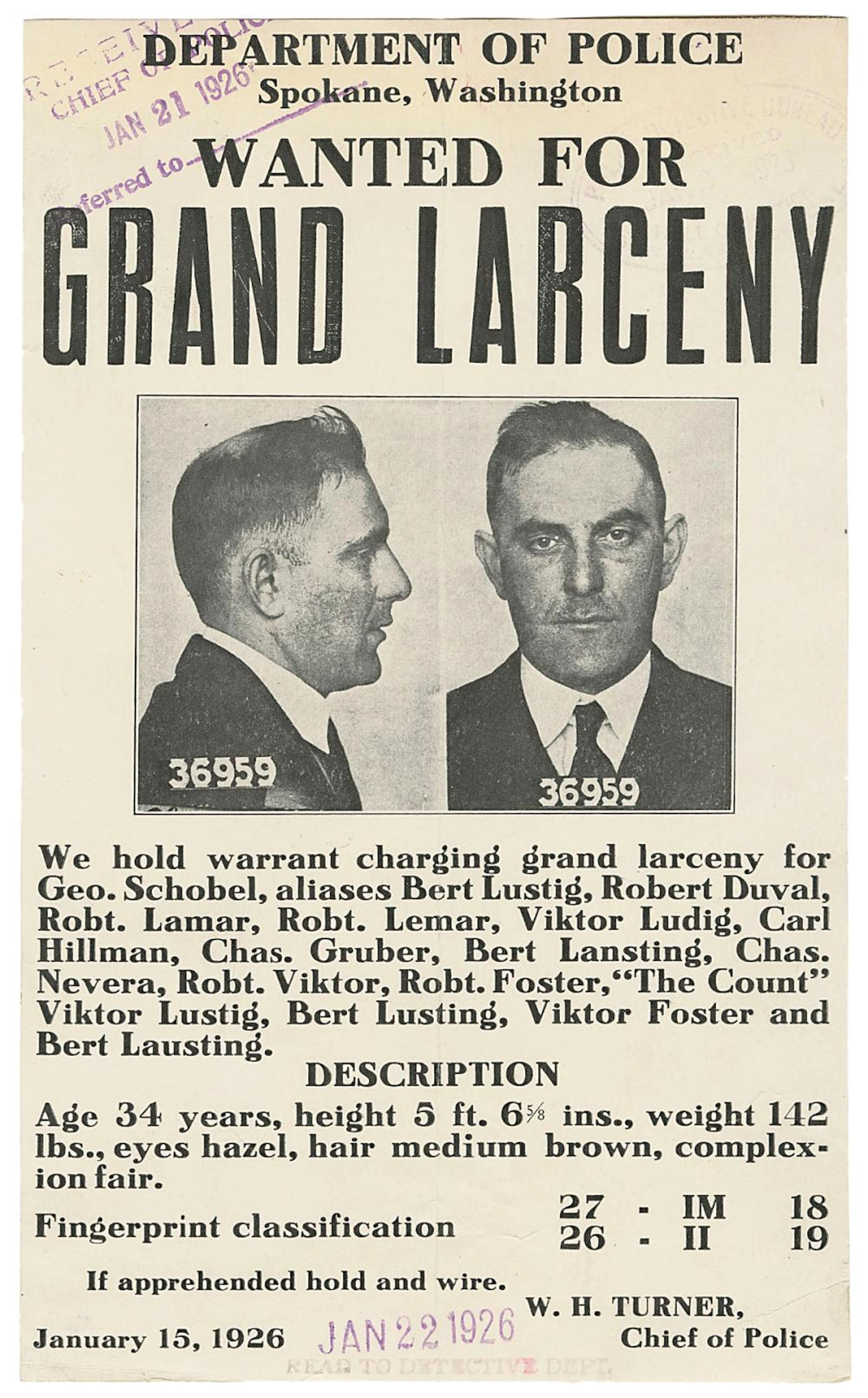 [WANTED POSTER] LUSTIG, Victor (1890 ? 1947). Wanted for Gr...