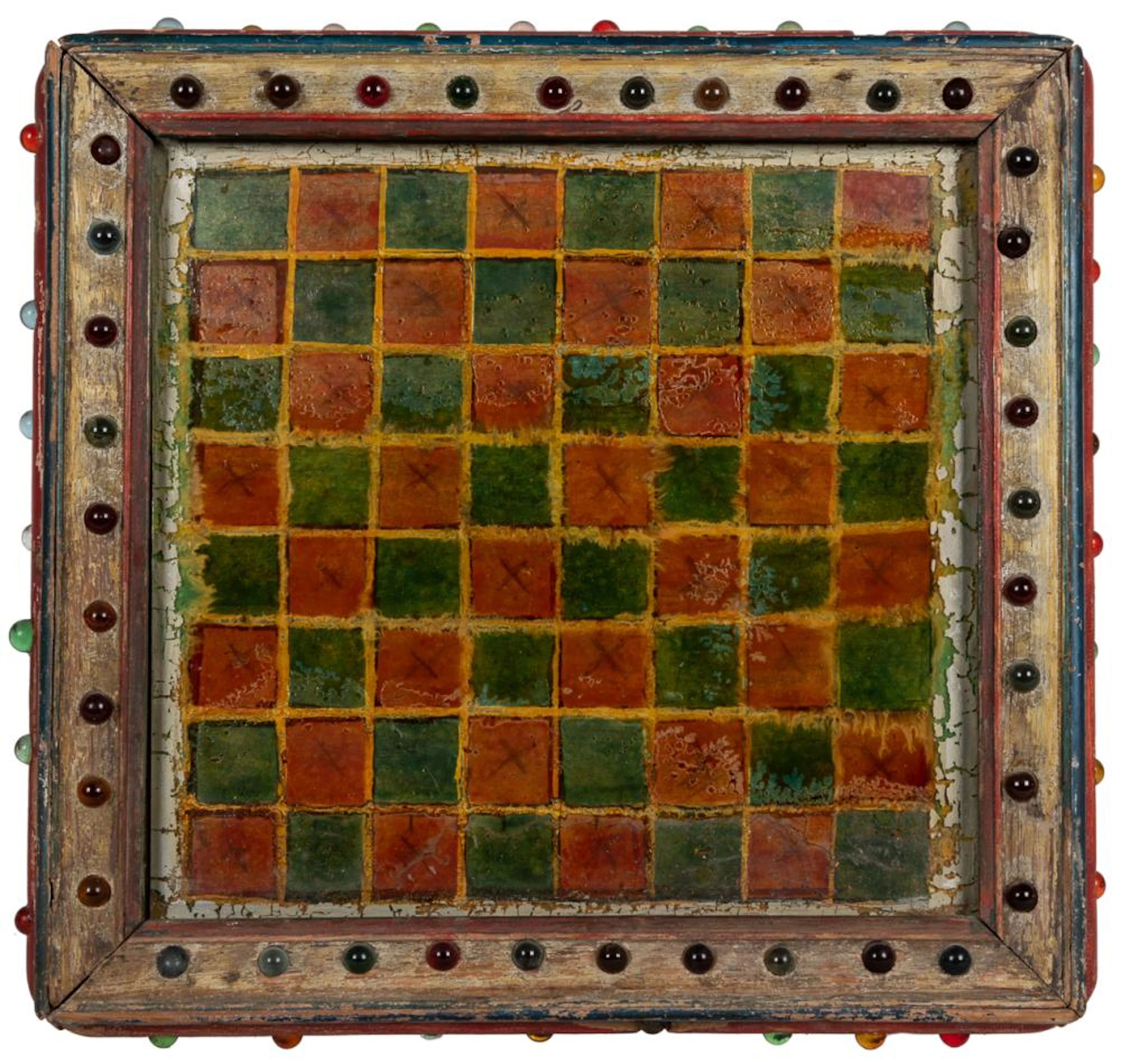 [FOLK ART]. Hand-Painted Checkerboard in Handmade Art Frame...
