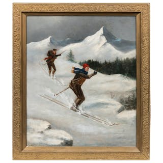 [FOLK ART PAINTING] Artist Unknown. Two Skiers. ca. 1930?s....