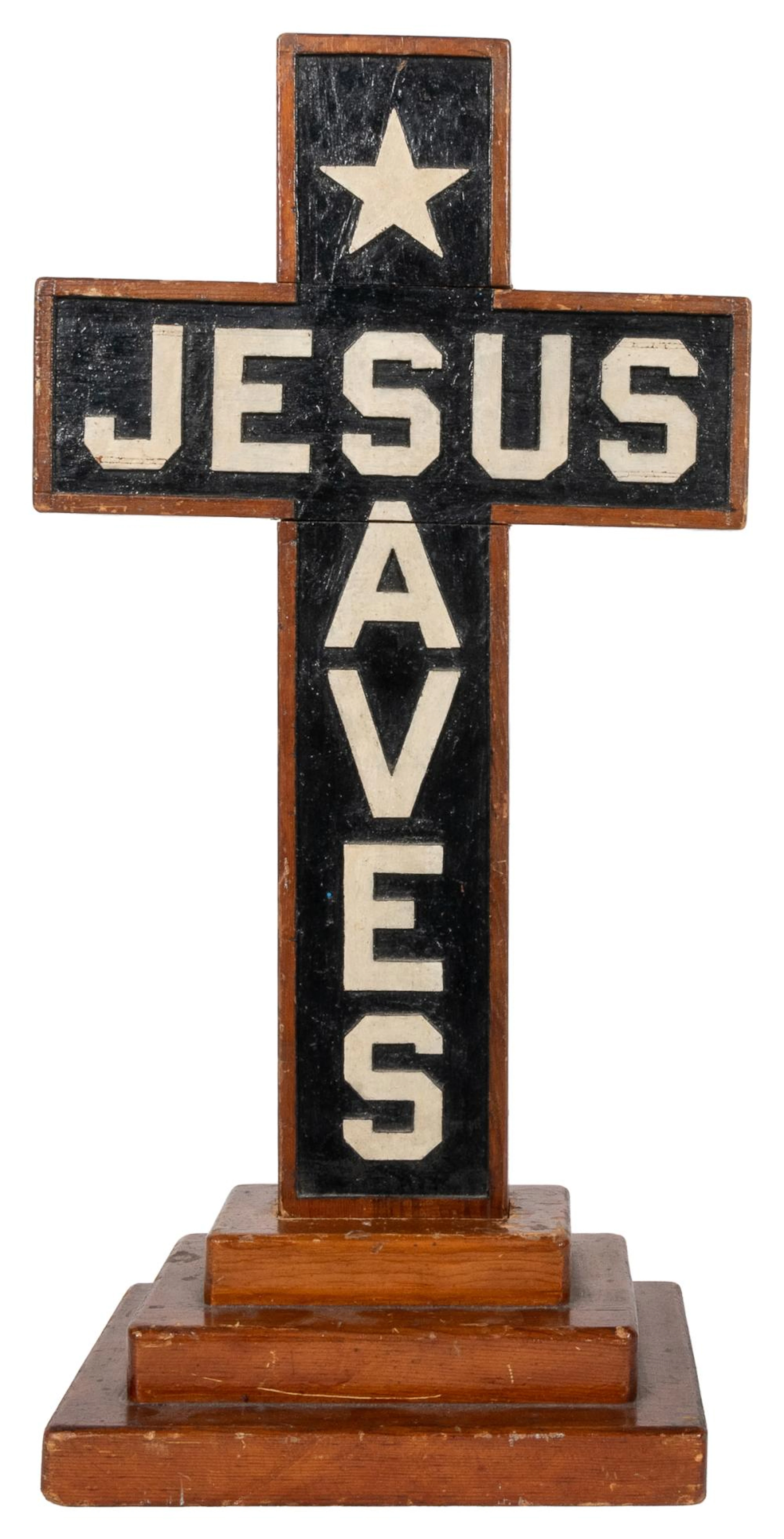 [FOLK ART]. Countertop Hand-Carved, Painted Cross, ?Jesus S...