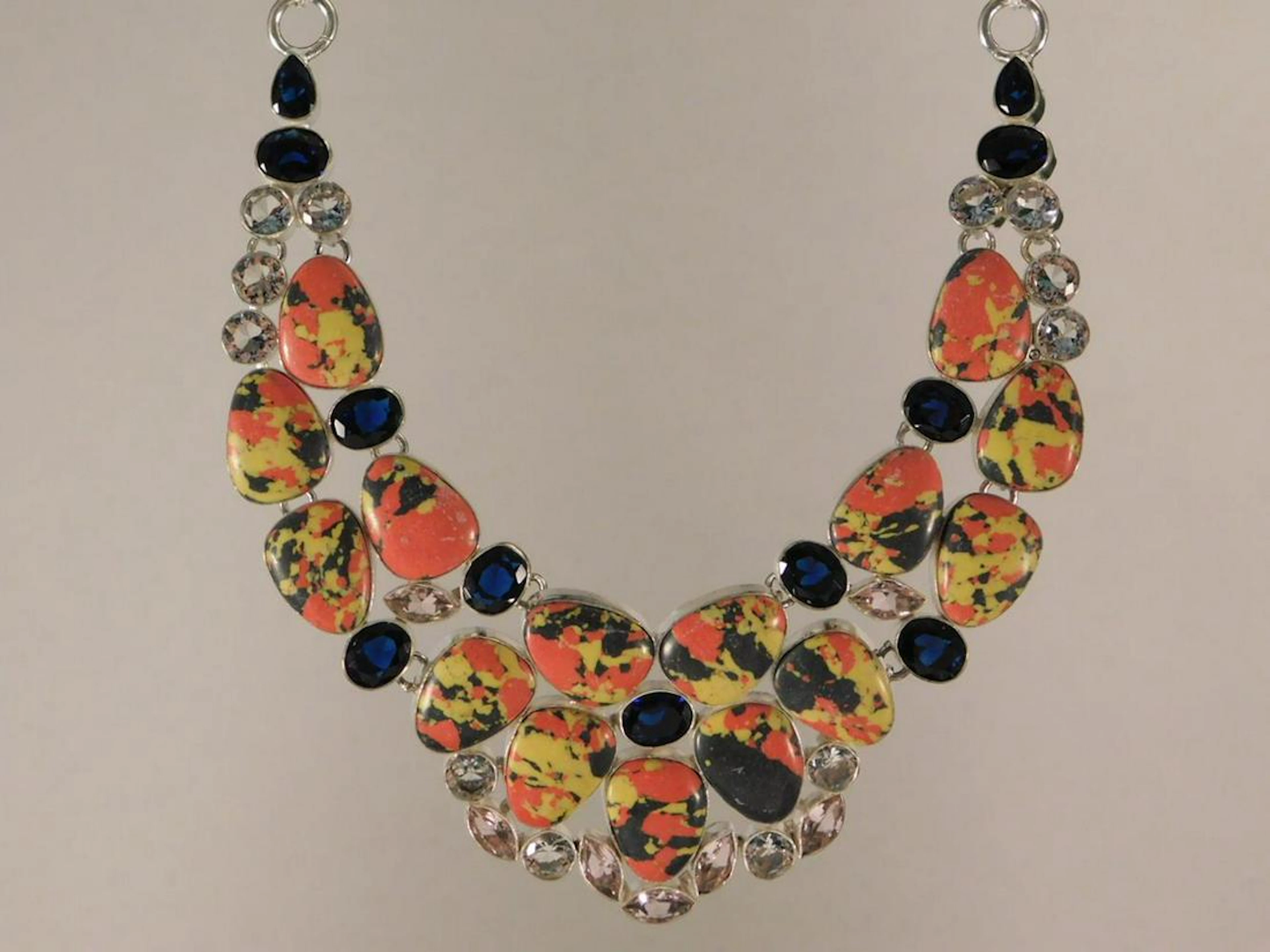Mosiac ballon jasper and sapphire silver necklace rock