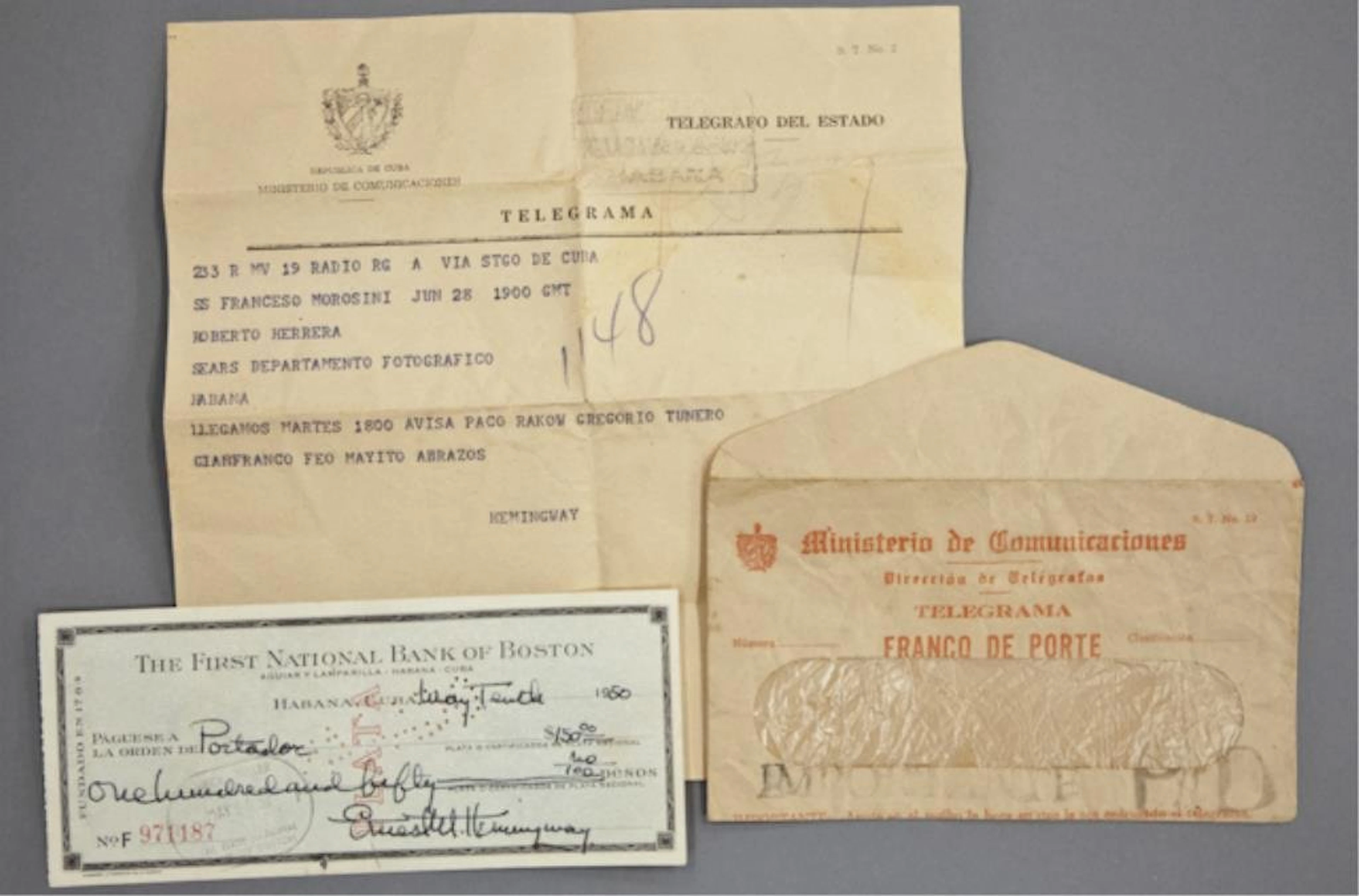 Hemingway Telegram and Signed Check