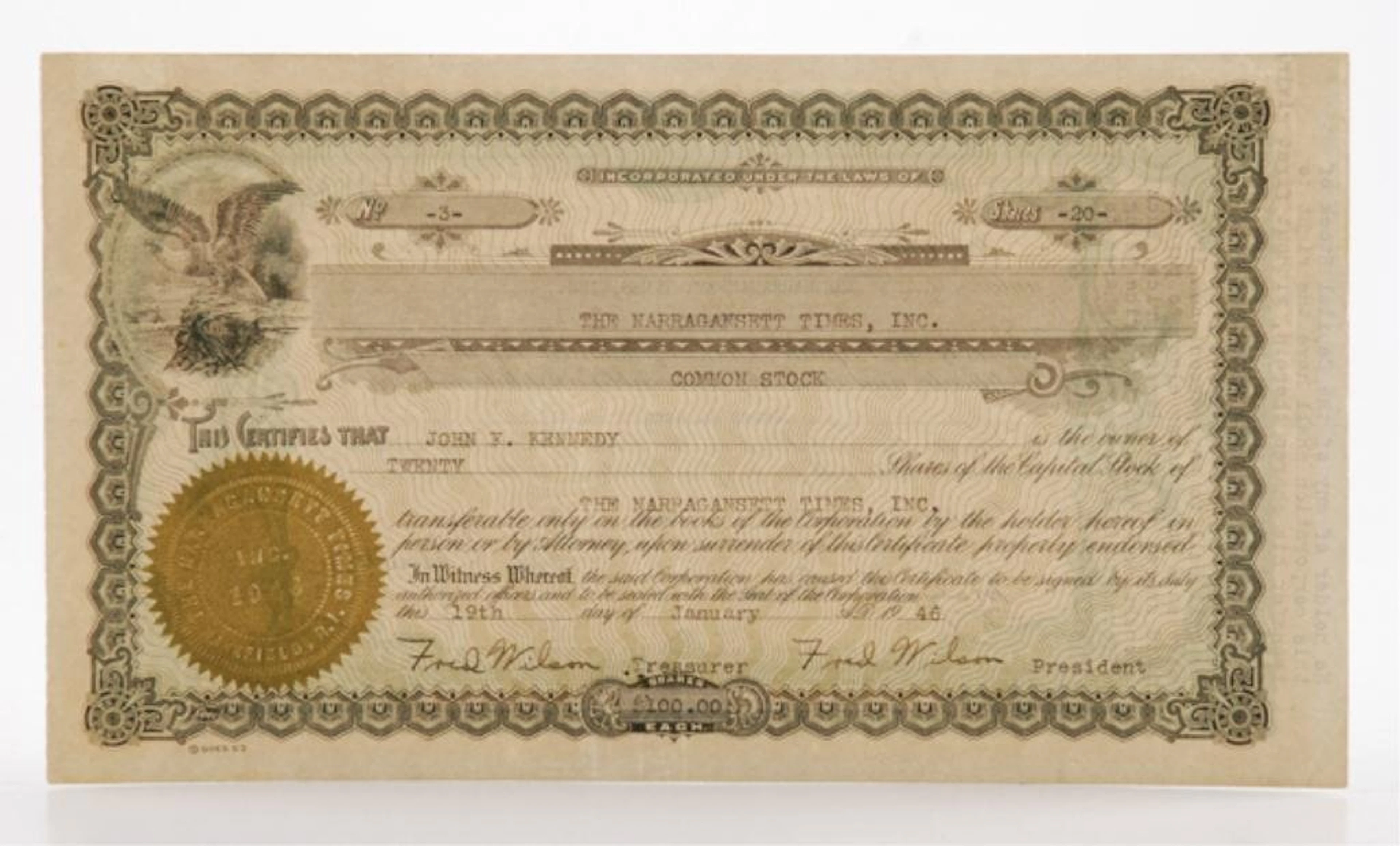 John F. Kennedy Signed Narragansett Times Stock