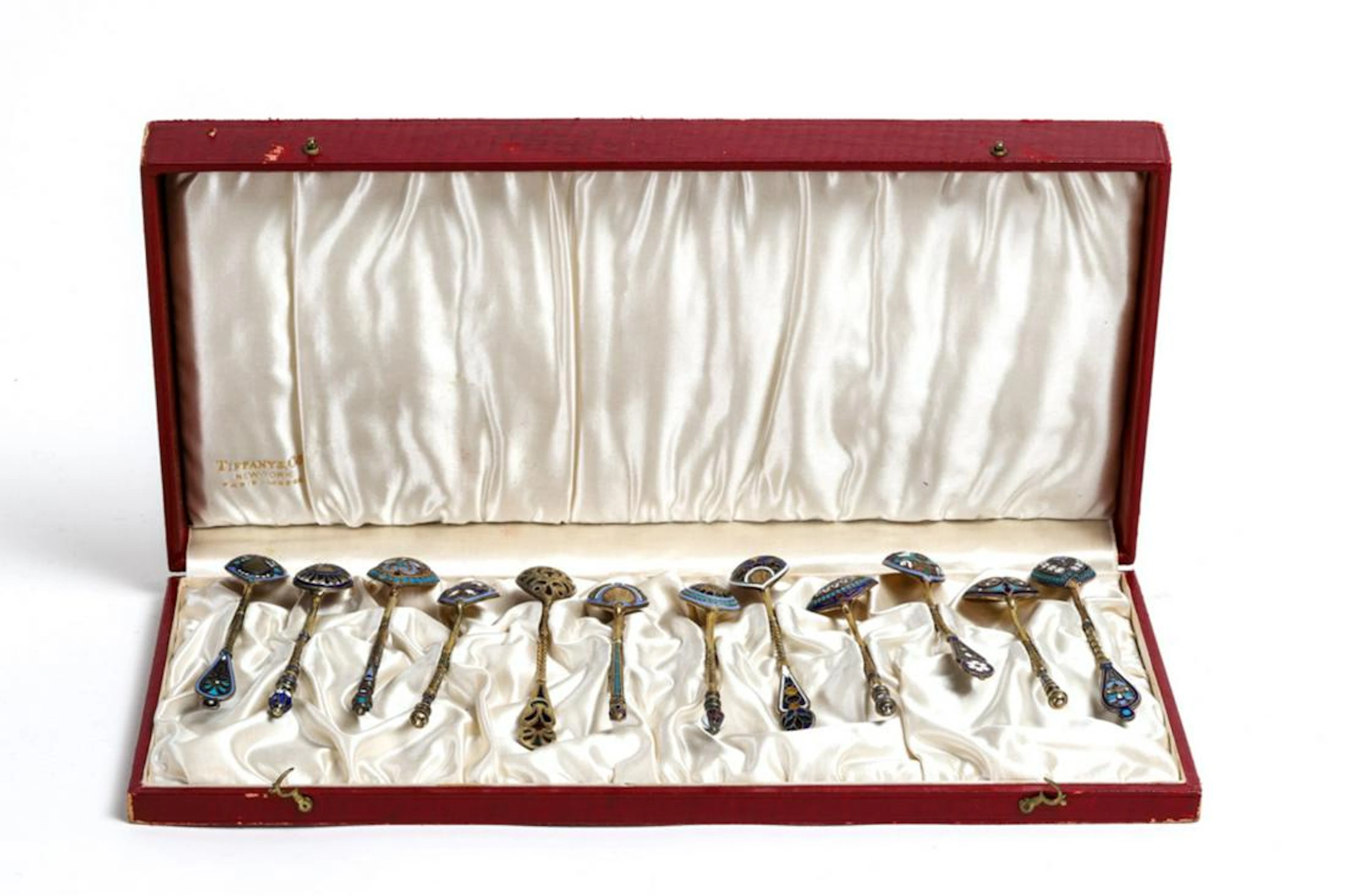 ANTIP KUZMICHEV RUSSIAN ENAMELED SILVER SPOON SET