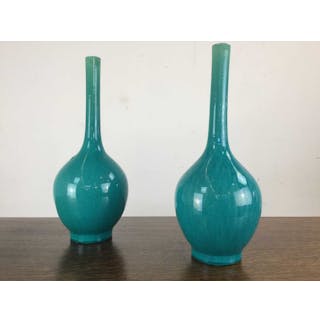 PAIR OF CHINESE TURQUOISE MONOCHROME BOTTLE VASES LIKELY 19TH CENTURY