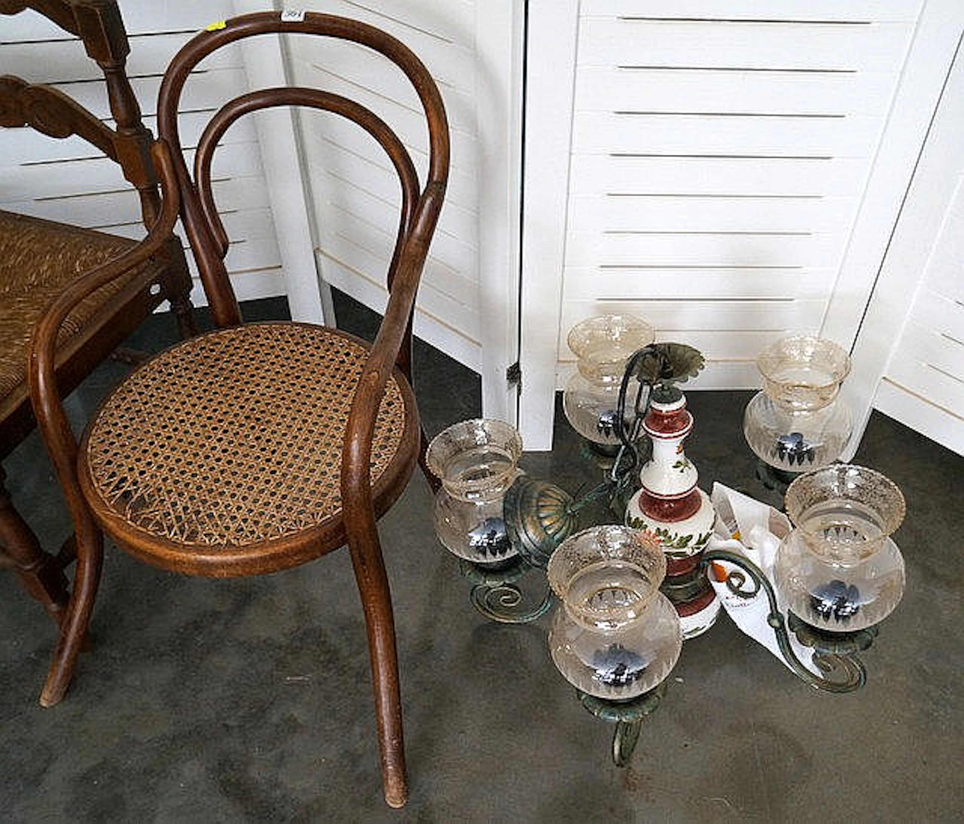 Antique bentwood childs arm chair & h/painted ceramic & brass chandelier