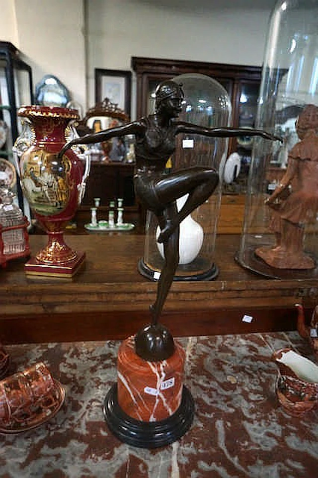 Large Art deco style bronze figure of dancing girl on marble base signed J.