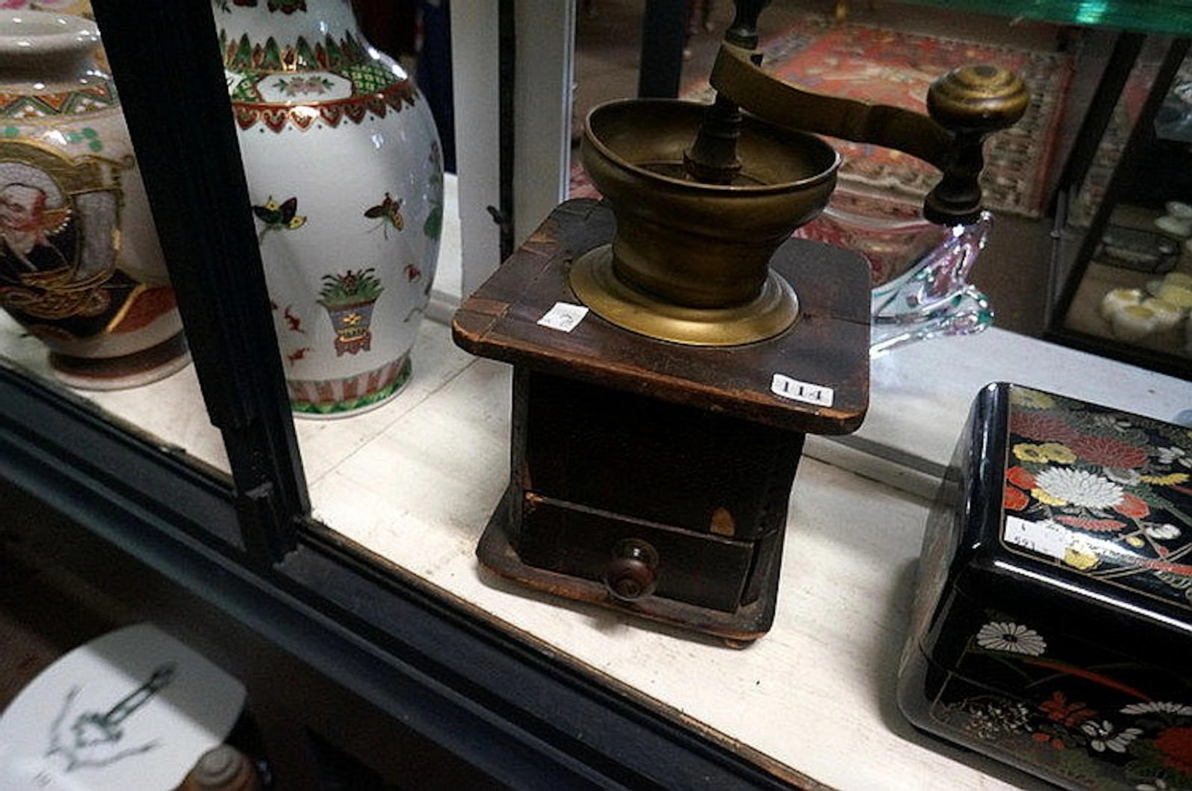 Antique large wooden & brass coffee grinder
