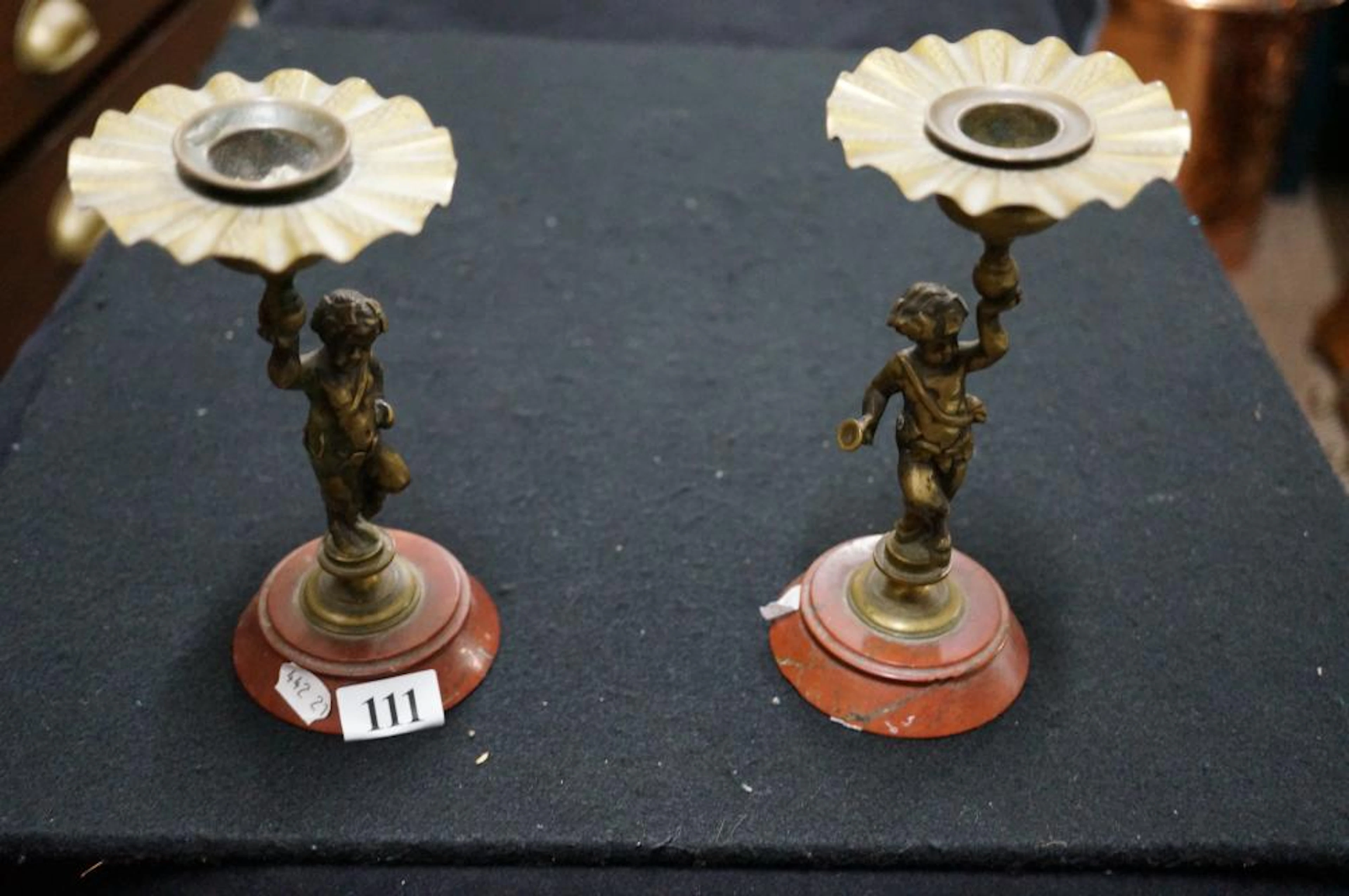 Pr C19th brass figured candelsticks on marble bases, 17 cm high