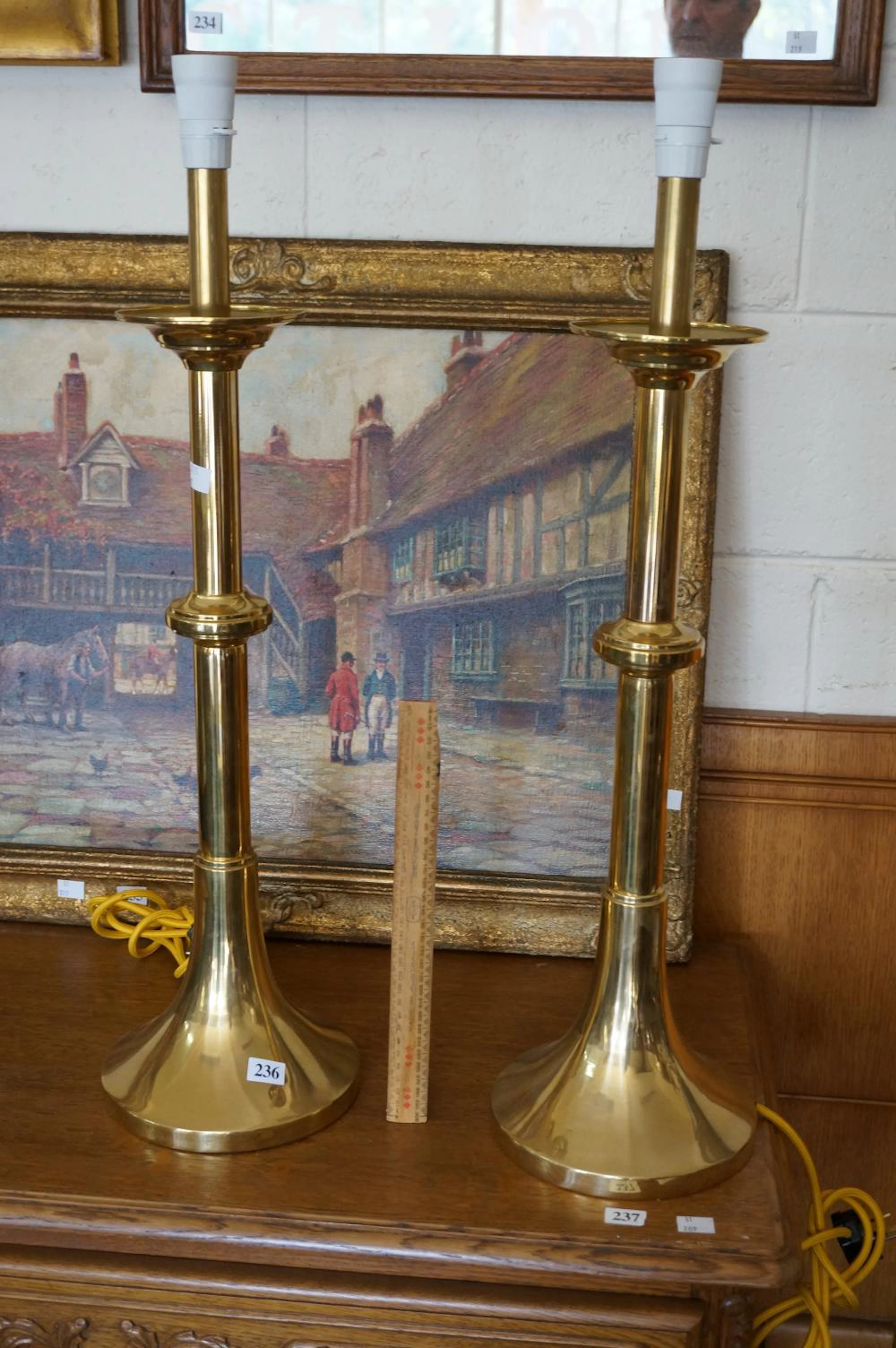 Pr tall brass candelstick lamps 71 cm tall