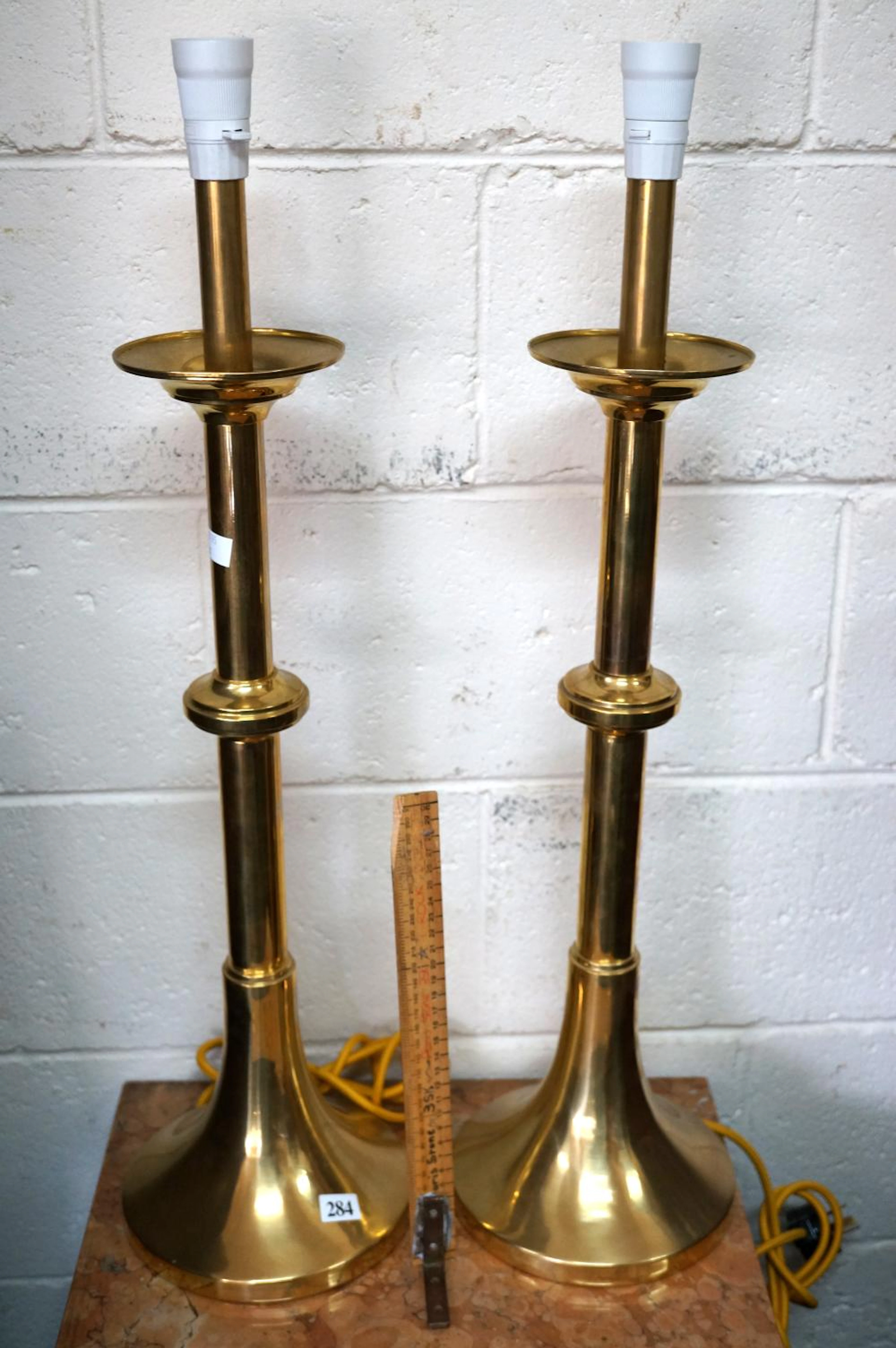 Pr tall brass candelstick lamps 71 cm tall