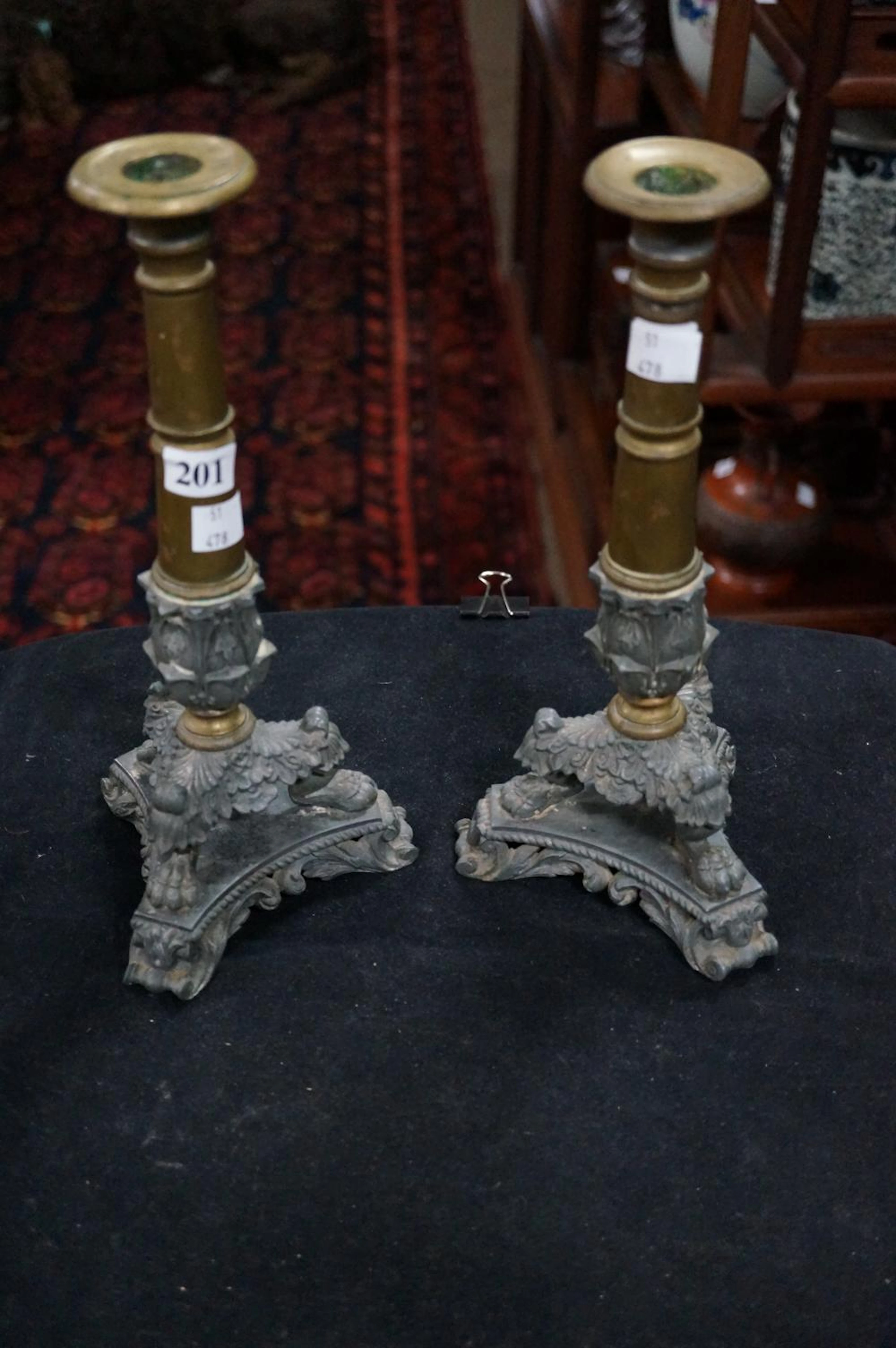 Pr C19th French Empire brass & spelter candelsticks 28 cm high