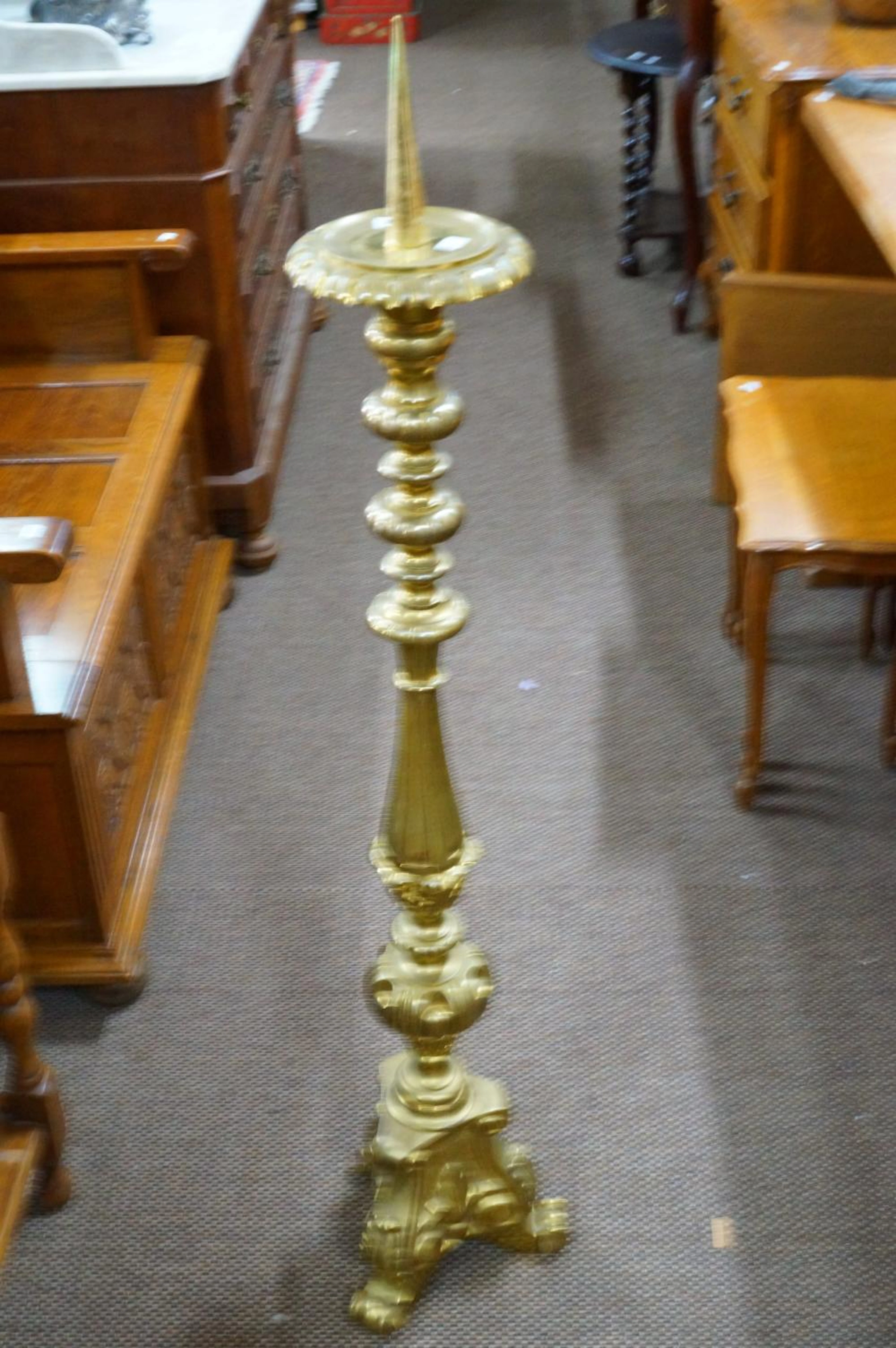 Antique tall heavy gilt brass candelstick 126 cm high
