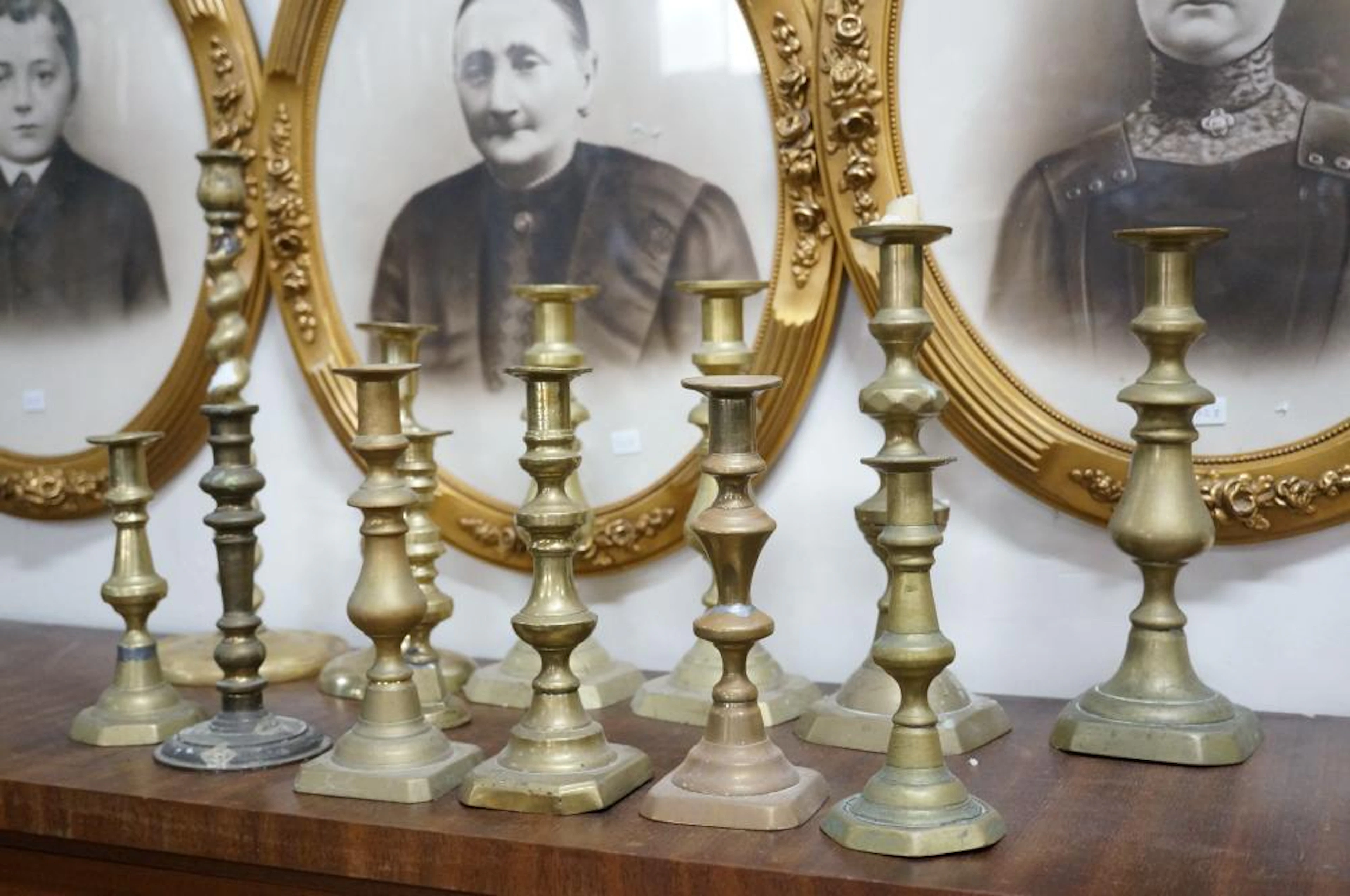 Assorted C19th brass candelsticks, tallest 38 cm high