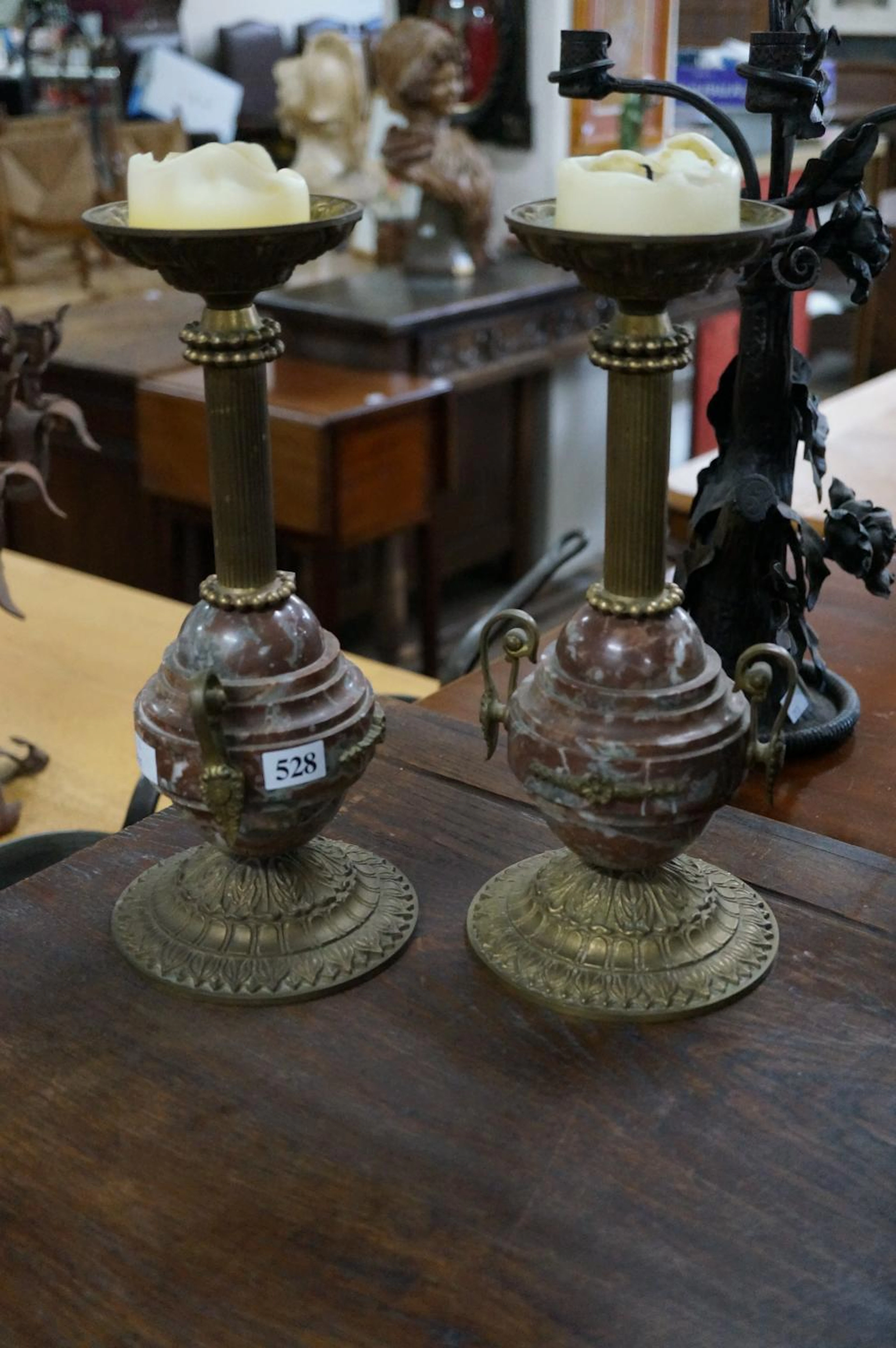 Pr C19th rouge marble & brass candelsticks 31 cm high