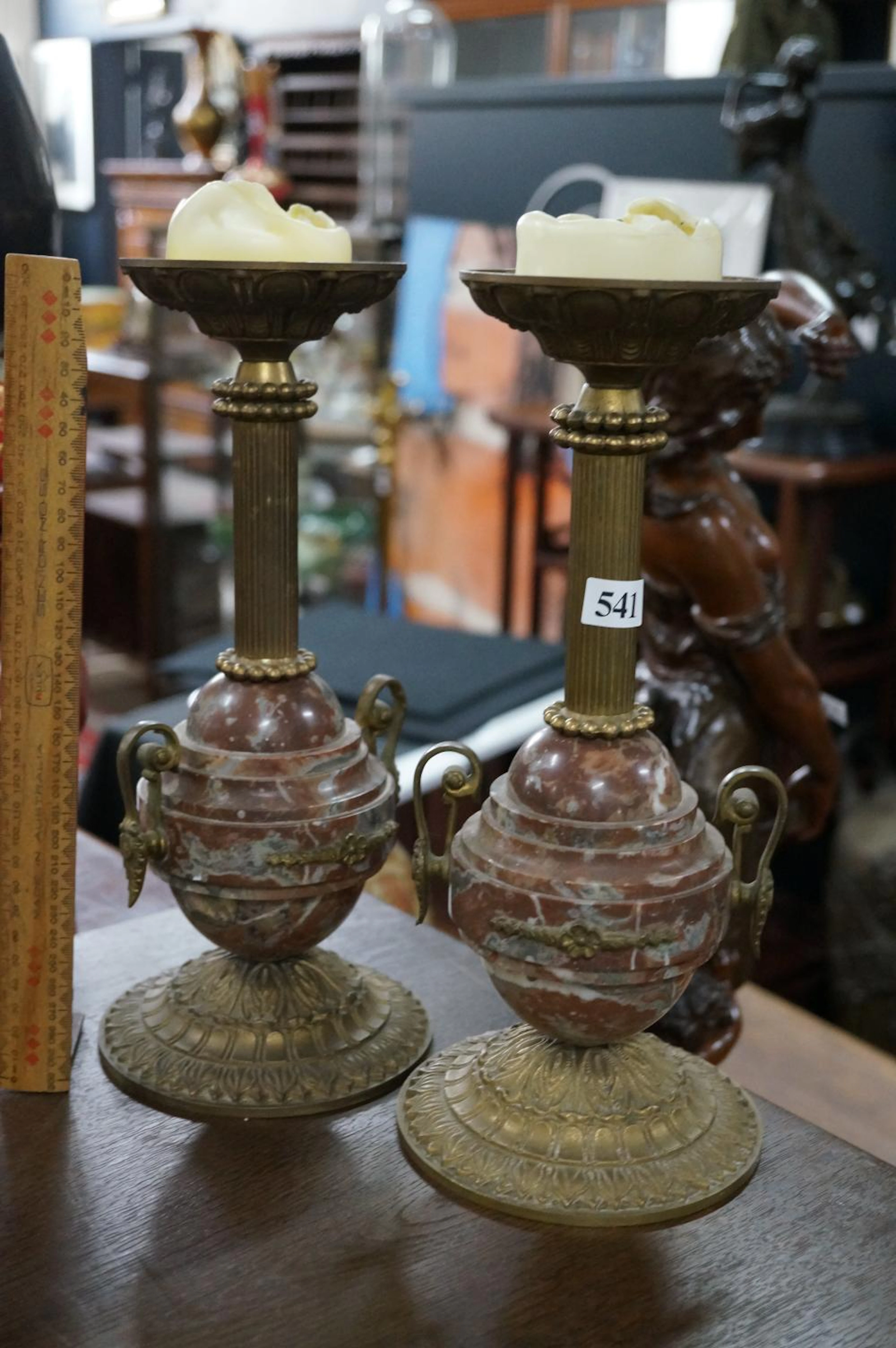 Pr C19th rouge marble & brass candelsticks 31 cm high