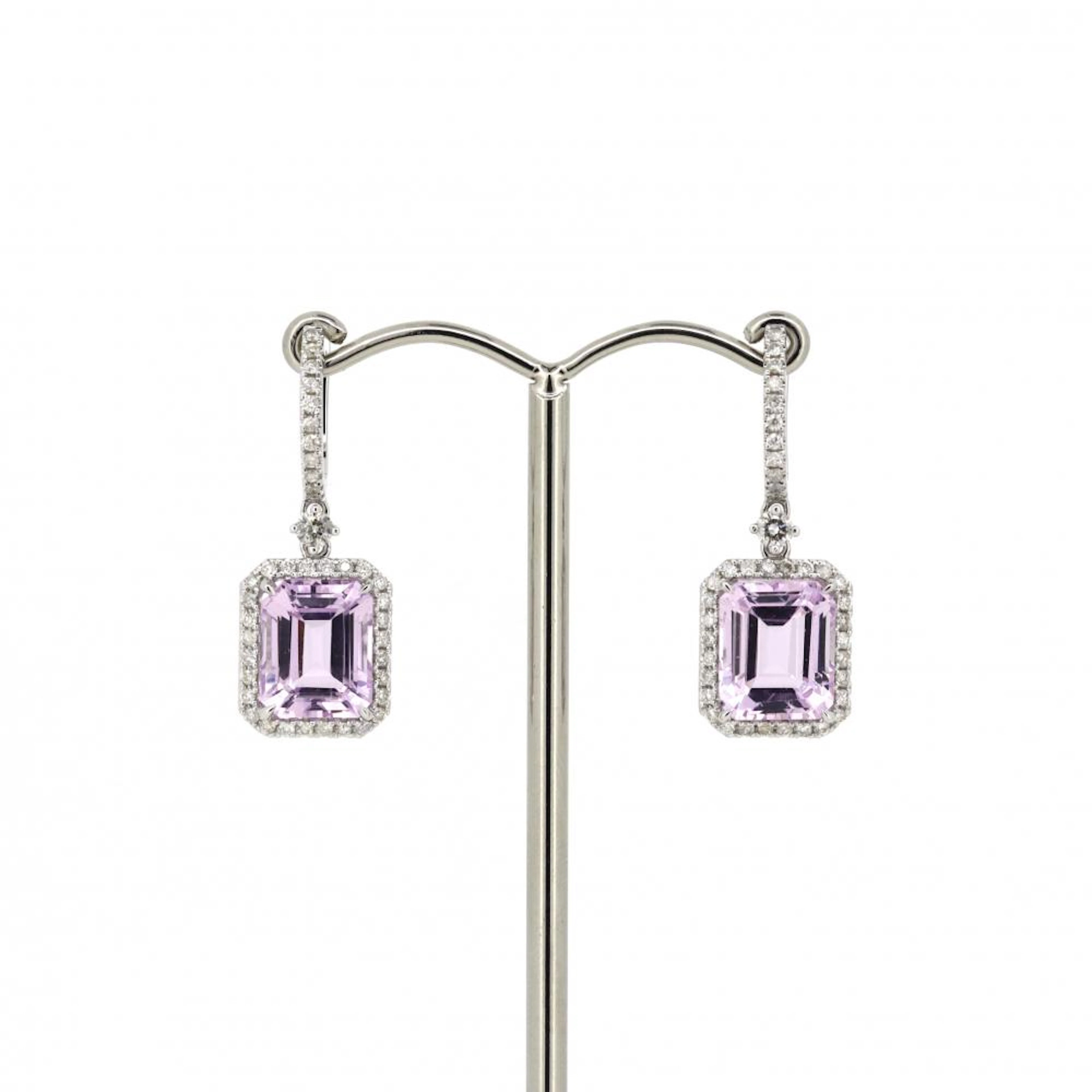 14K White Gold, Kunzite and Diamond, Halo Drop Earrings.