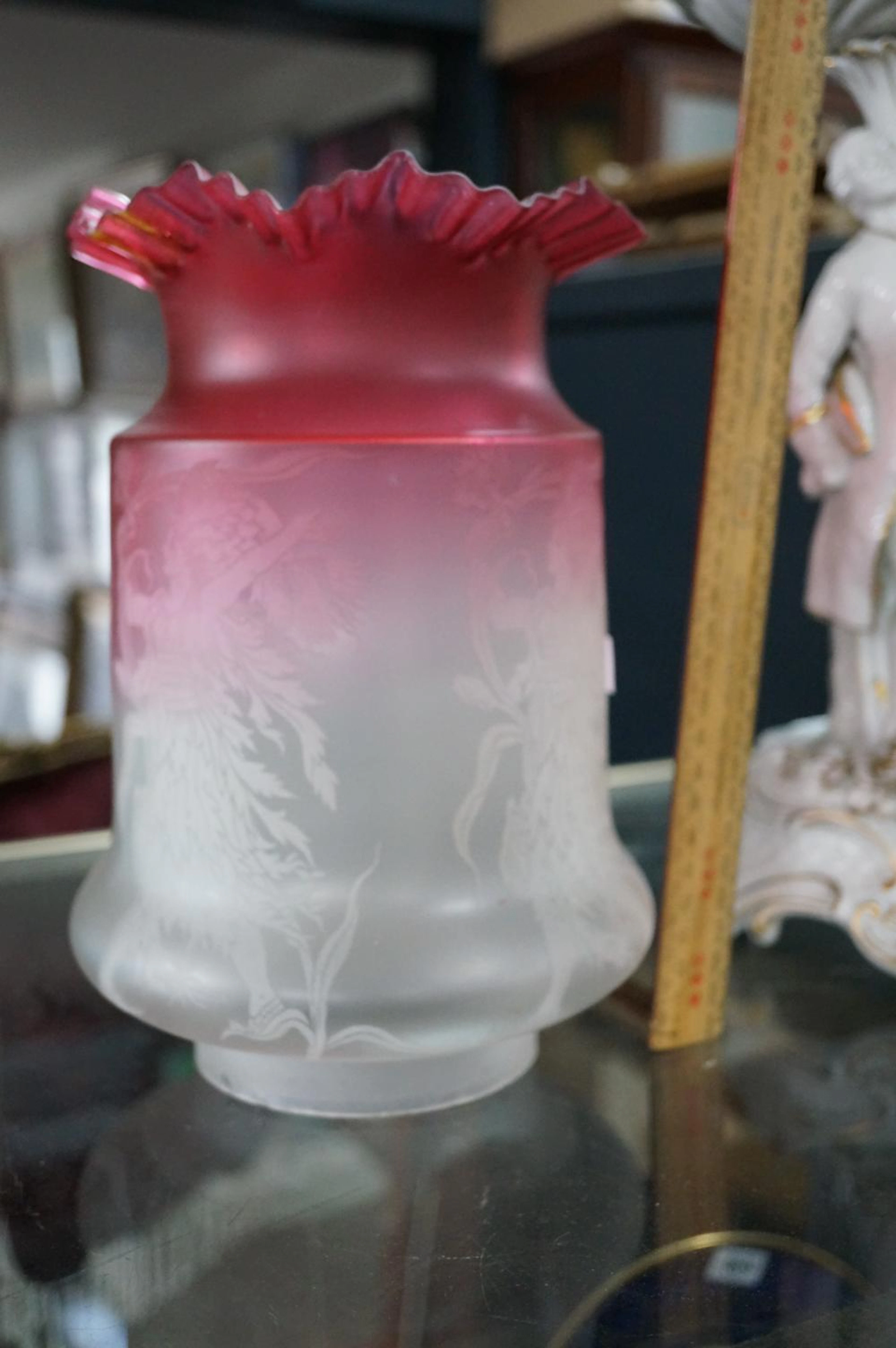 Victorian ruby glass kero lamp shade with etched...