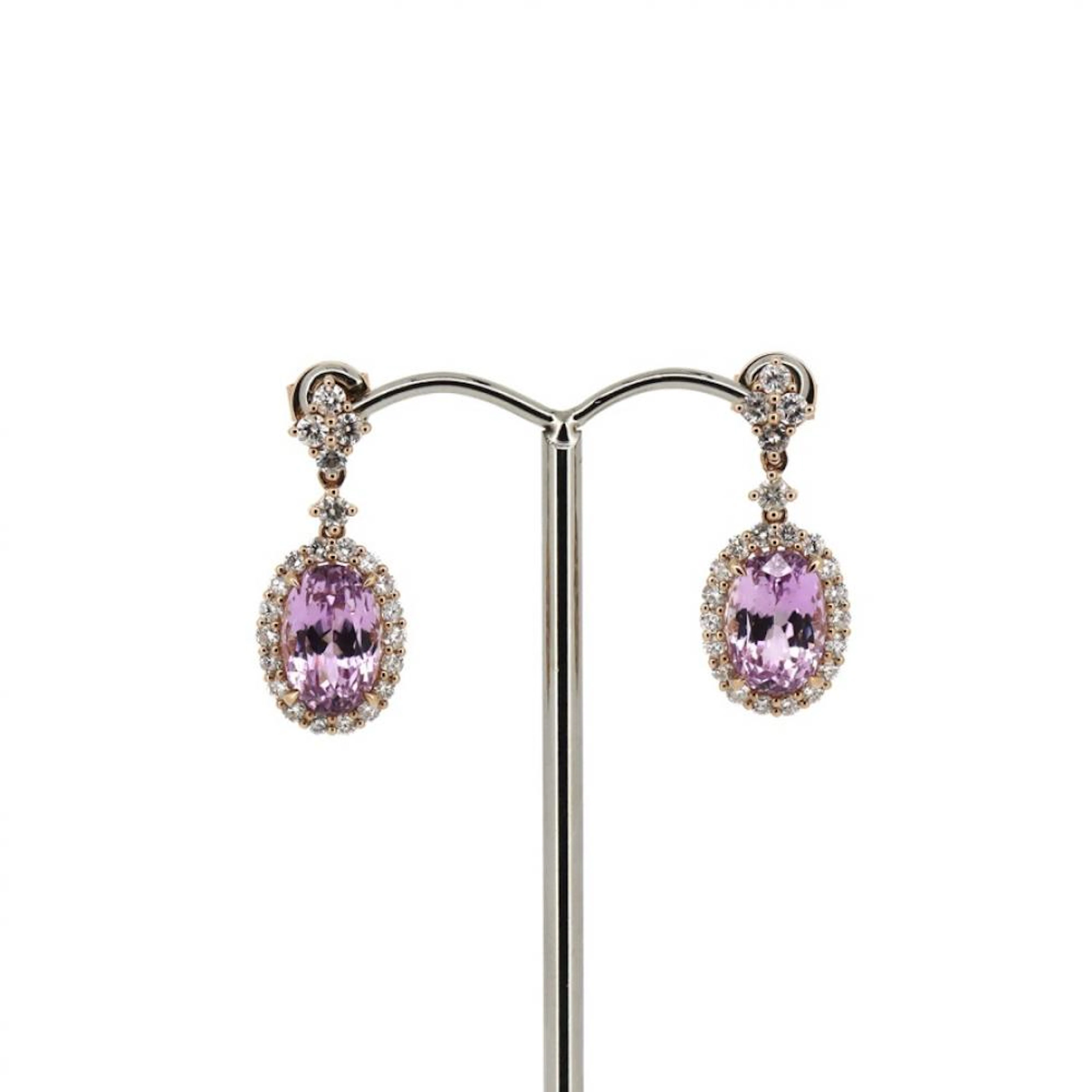 14K Rose Gold, Kunzite and Diamond, Halo Drop Earrings.