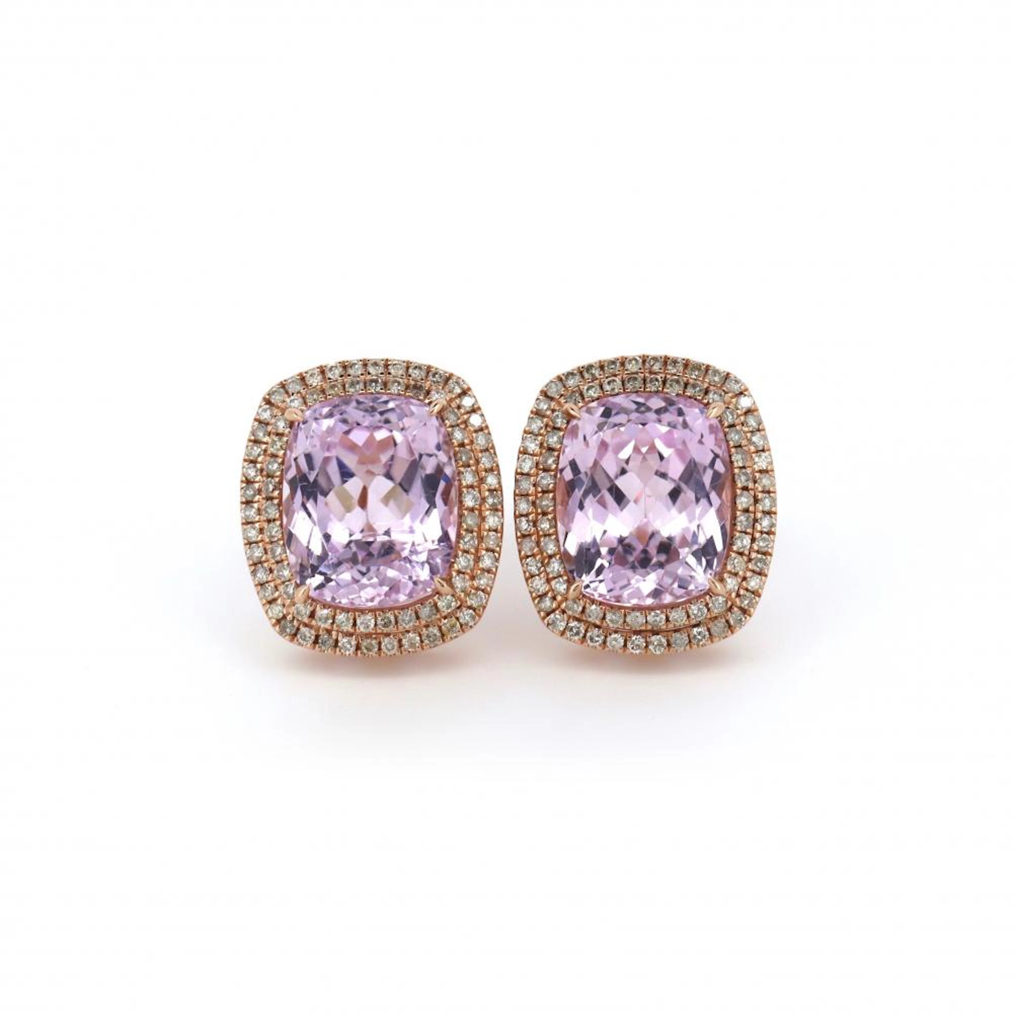14K Rose Gold, Kunzite and Diamond, Double Halo Stud Earrings.