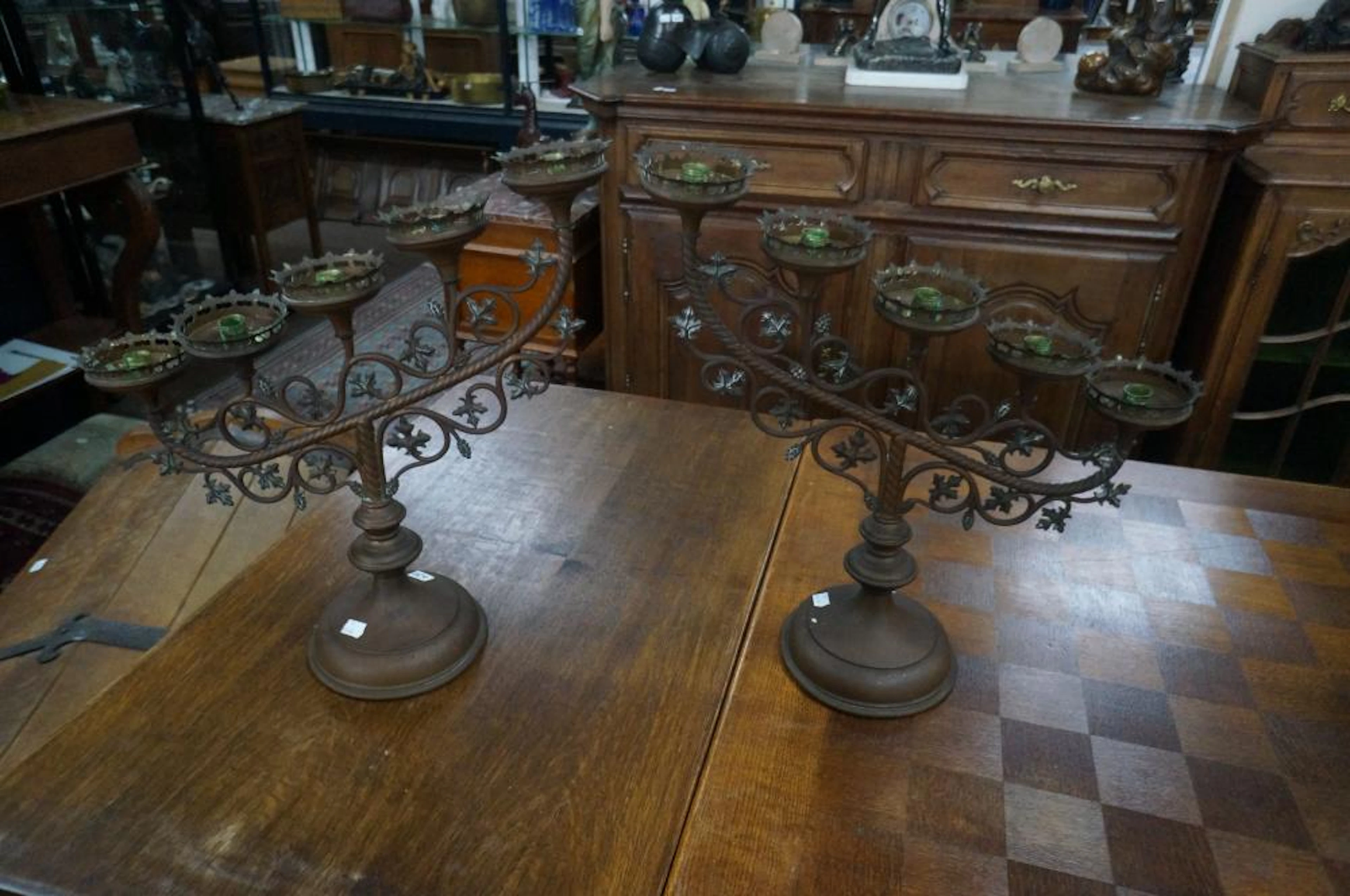 Pr large antique Gothic 5 branch altar candelabra 53 w x 52 cm high