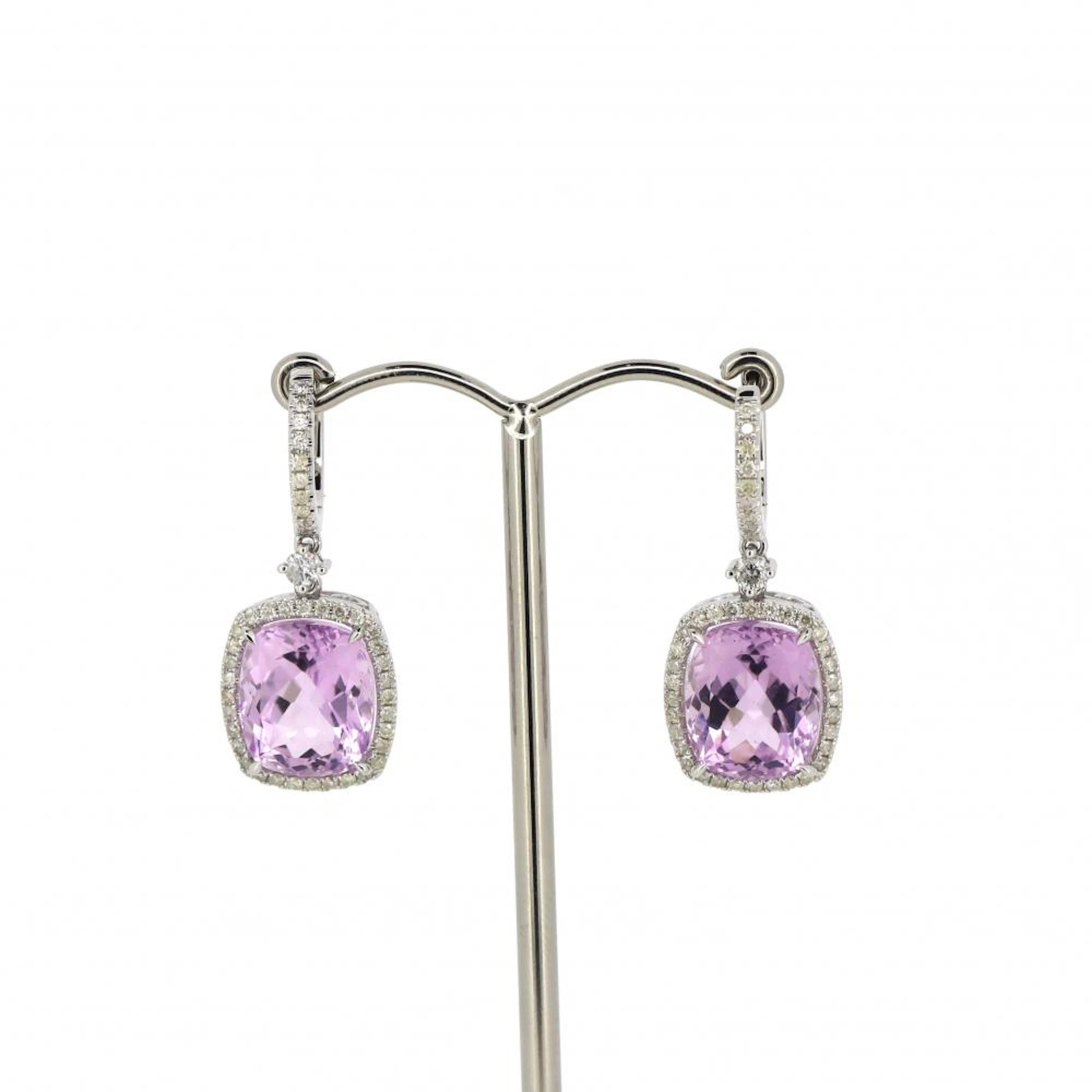 14K White Gold, Kunzite and Diamond, Halo Drop Earrings.