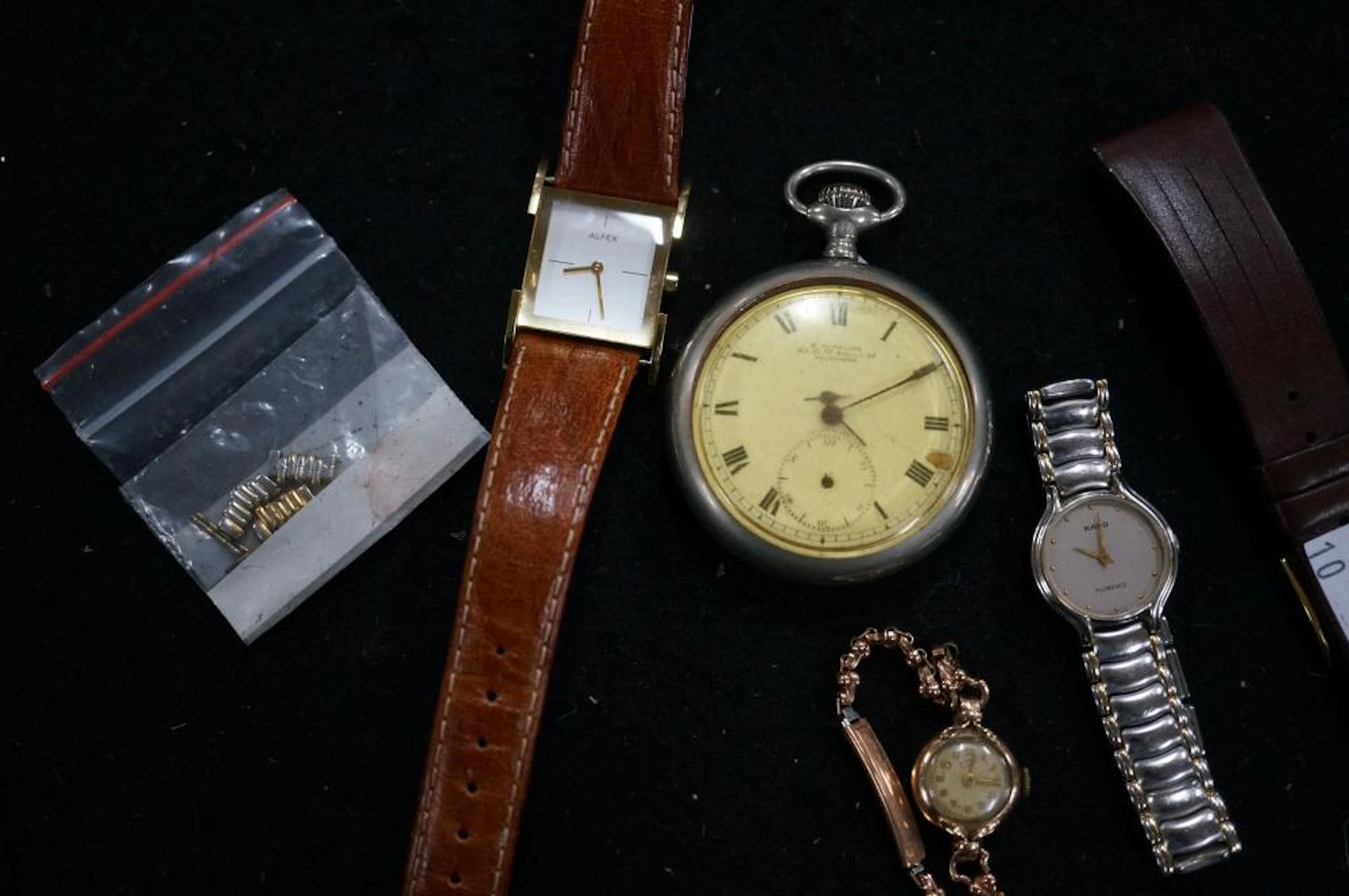3 wristwatches inc 9ct gold, Rado, Alfex and pocket watch