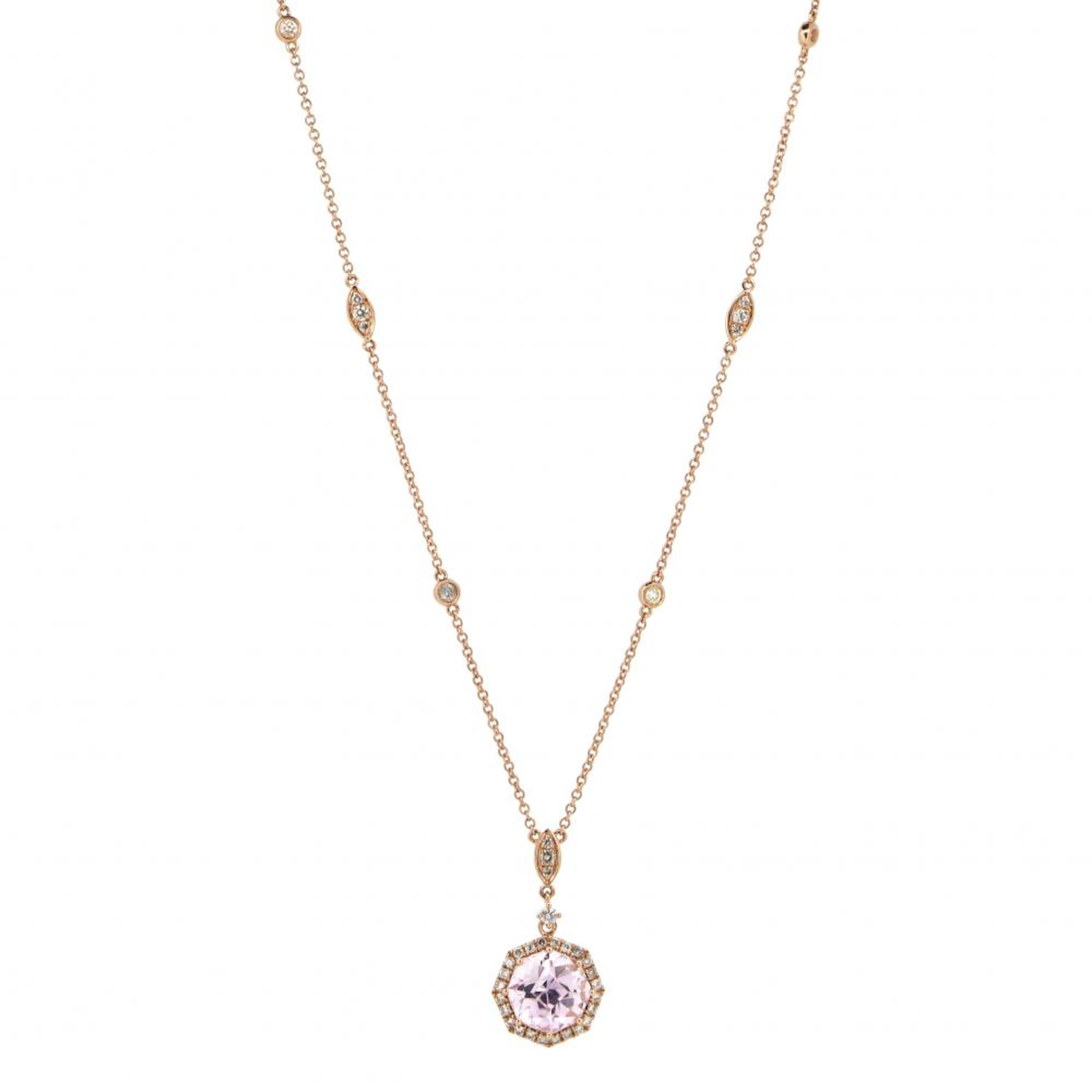 14K Rose Gold, Kunzite and Diamond, Halo Drop Pendant Necklace.