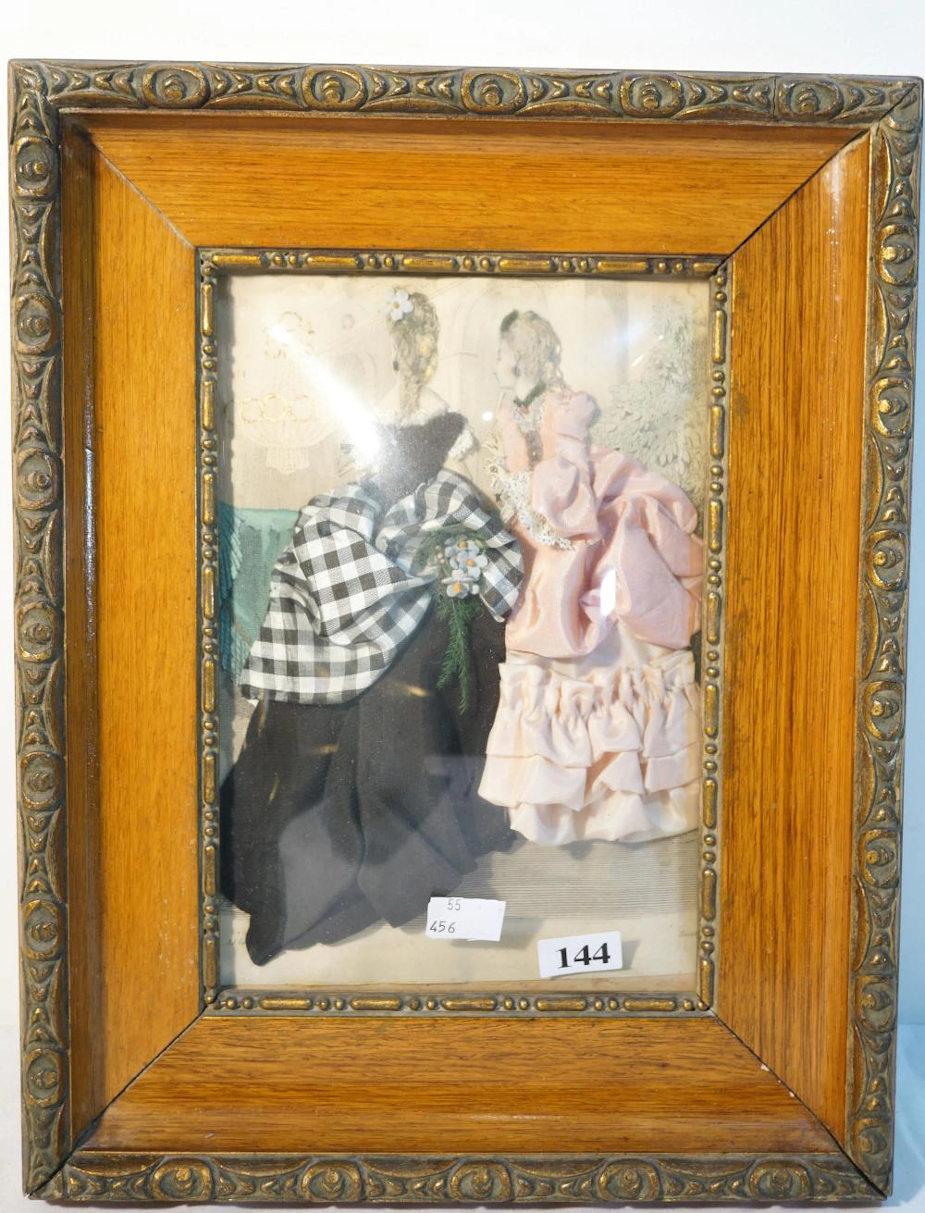 C19th French fabric embroidered fashion print in dome glass frame 27 x 34 cm