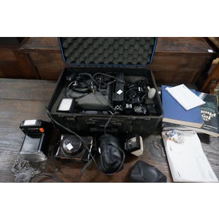 Assorted vintage cameras and equipment including 2 Niko cameras in case