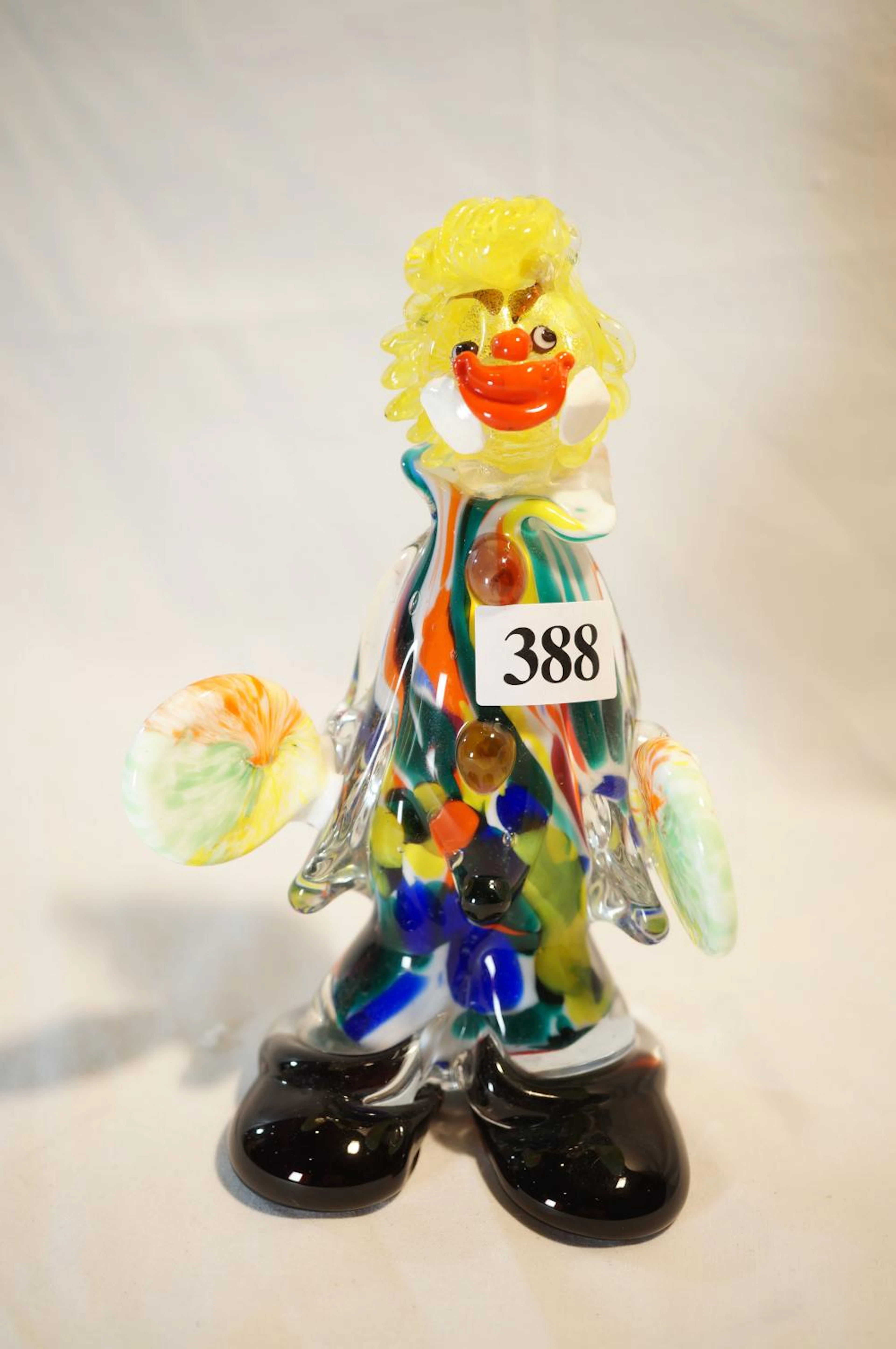Vintage Murano art glass clown multicolored with cymbals, 16.5cm H