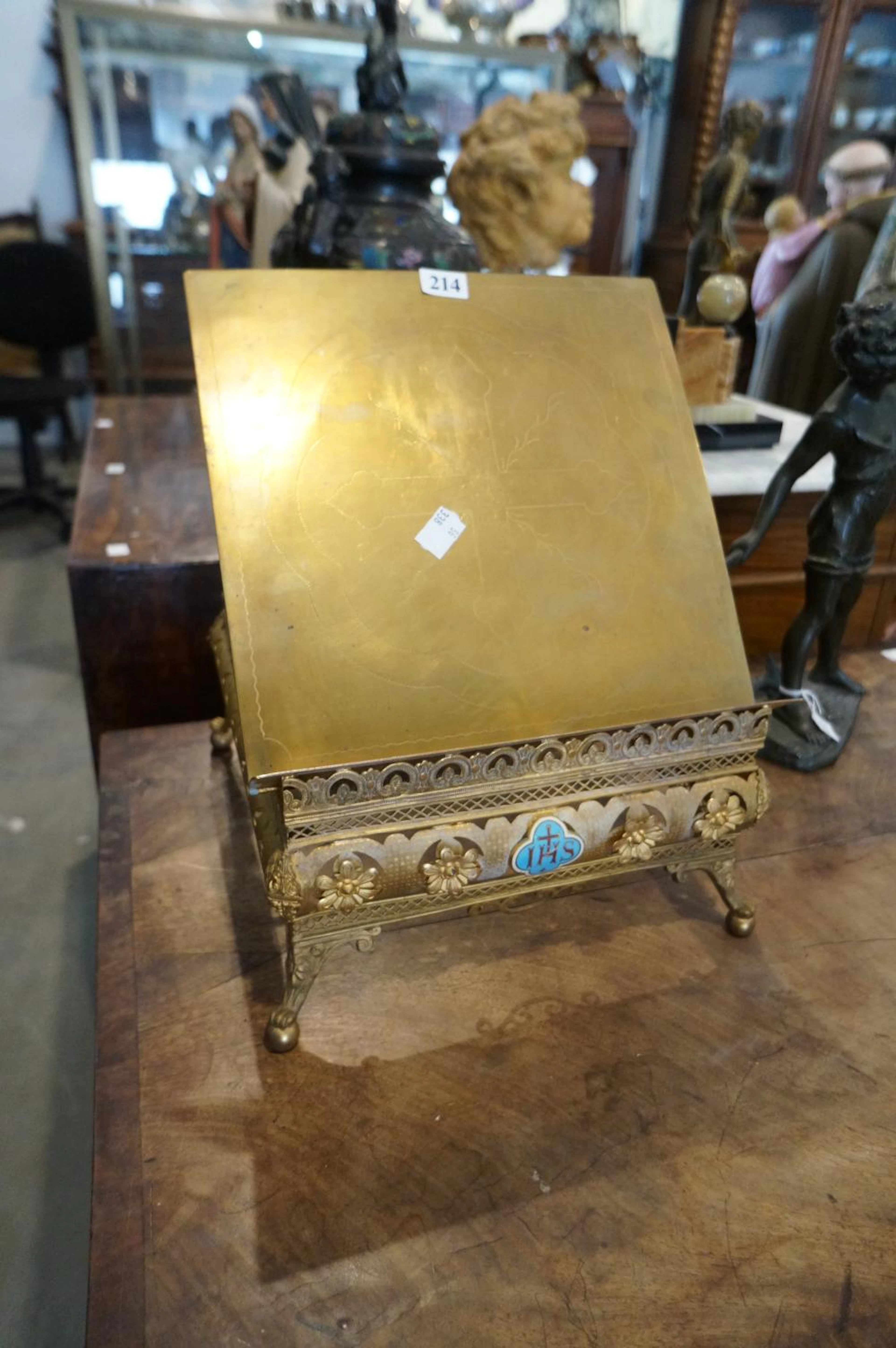 Antique gilt brass & enamel adjustable church bookstand 27 w x 29 cm deep