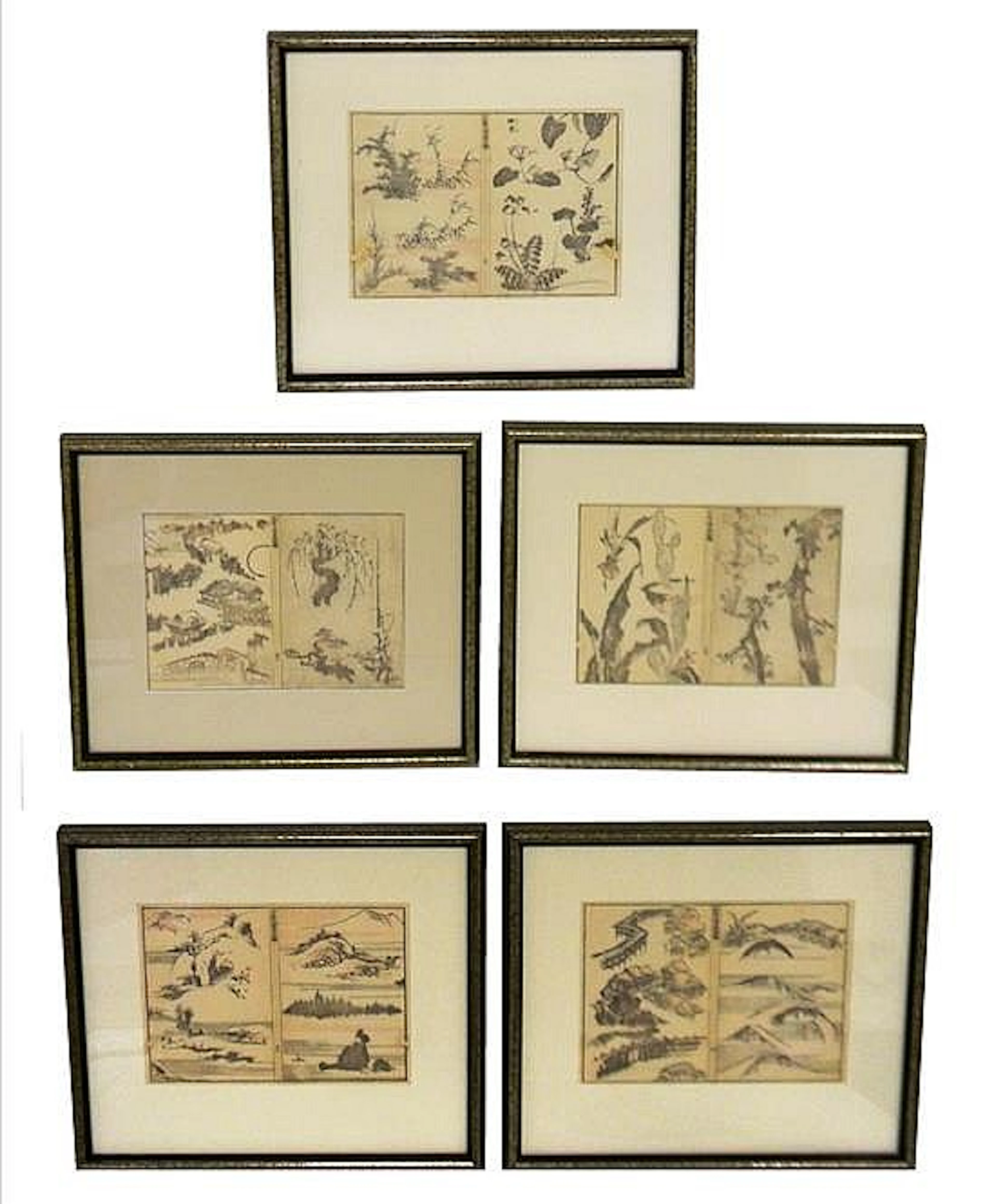 ASIAN: ten illustrated book pages (ehon) mounted in five...