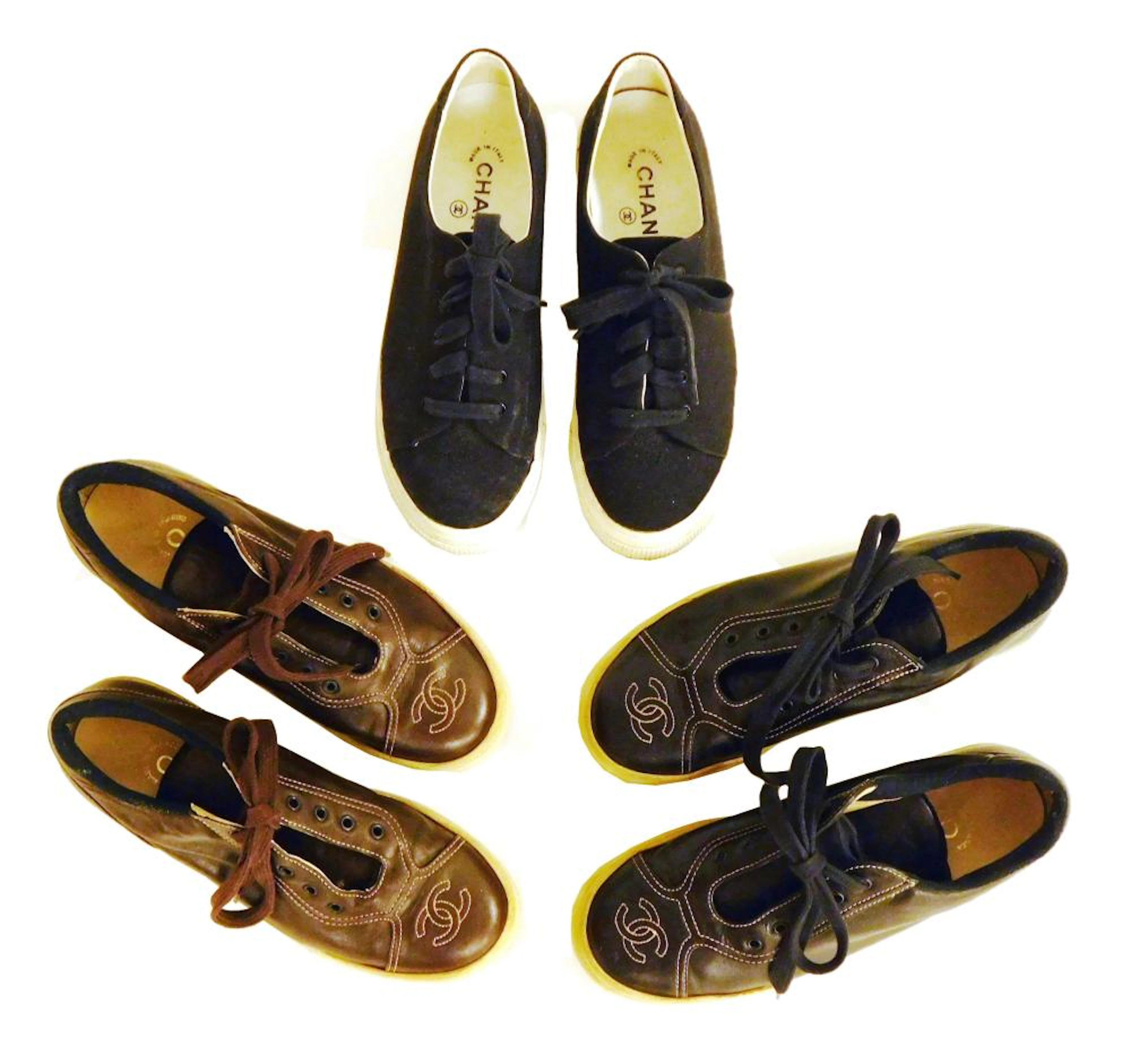 VINTAGE CLOTHING: Three pairs of women's Chanel sneakers with thick soles