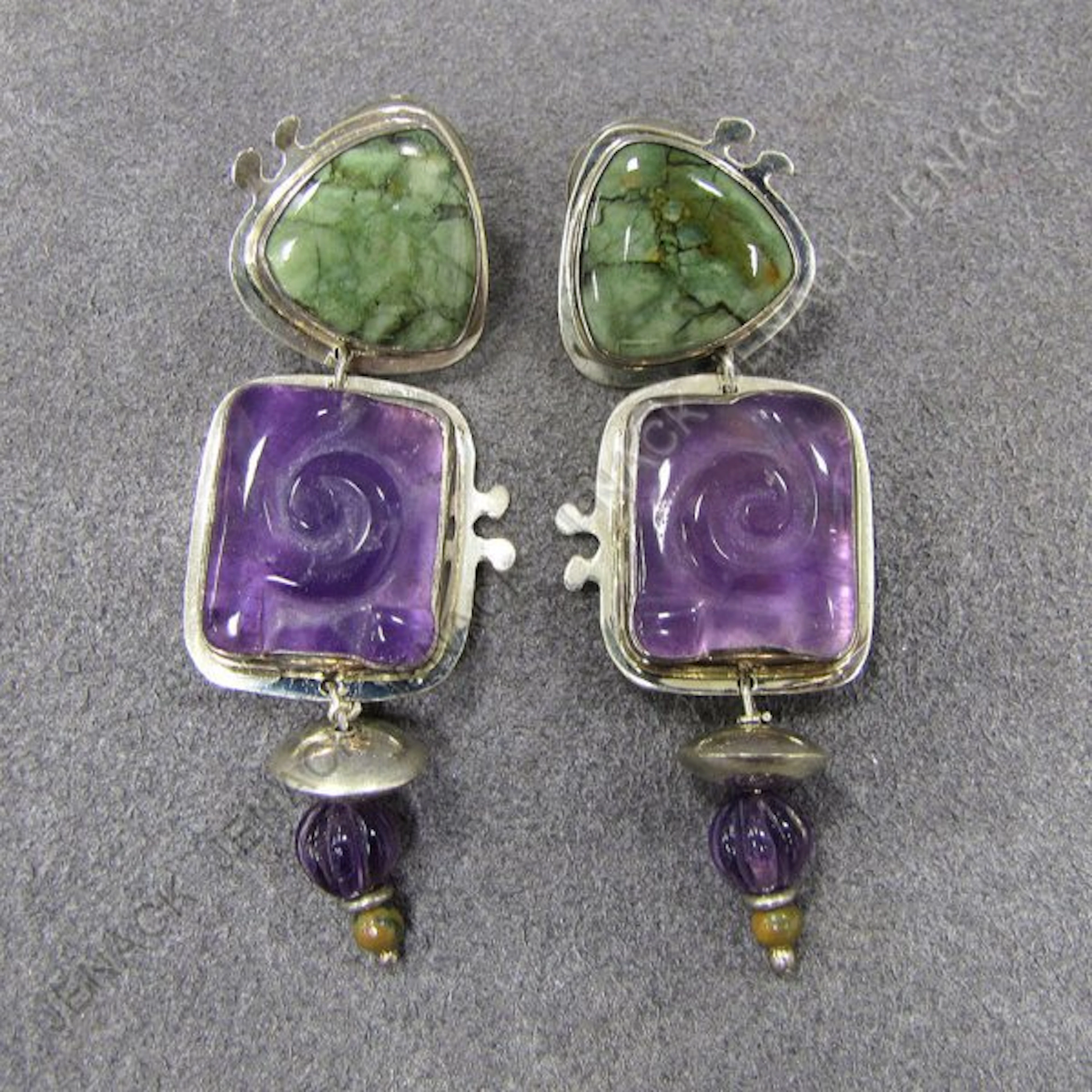 69: PAIR SILVER AMETHYST & HARDSTONE DROP EARRINGS