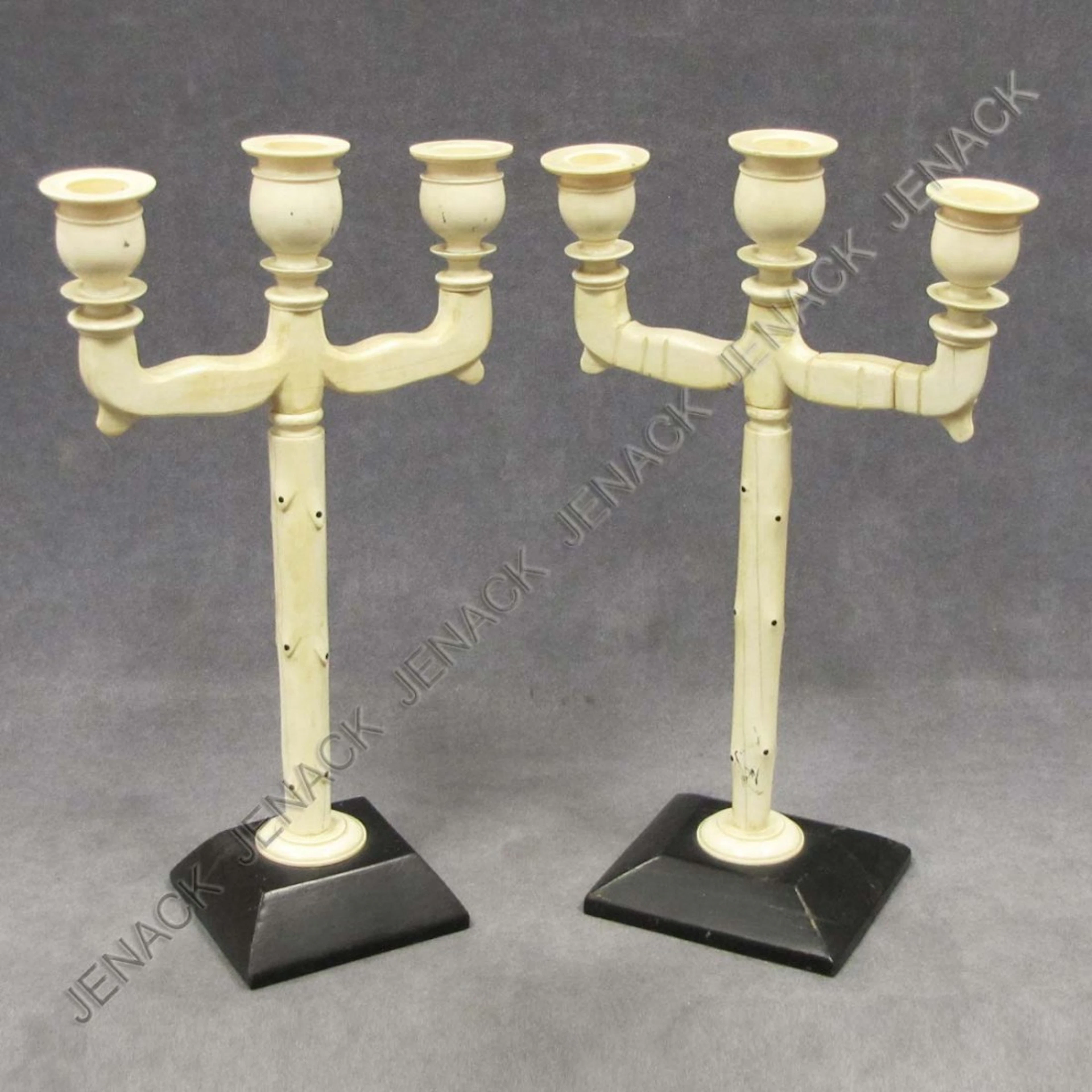 156: VINTAGE AFRICAN CARVED AND INLAID IVORY CANDELABRA