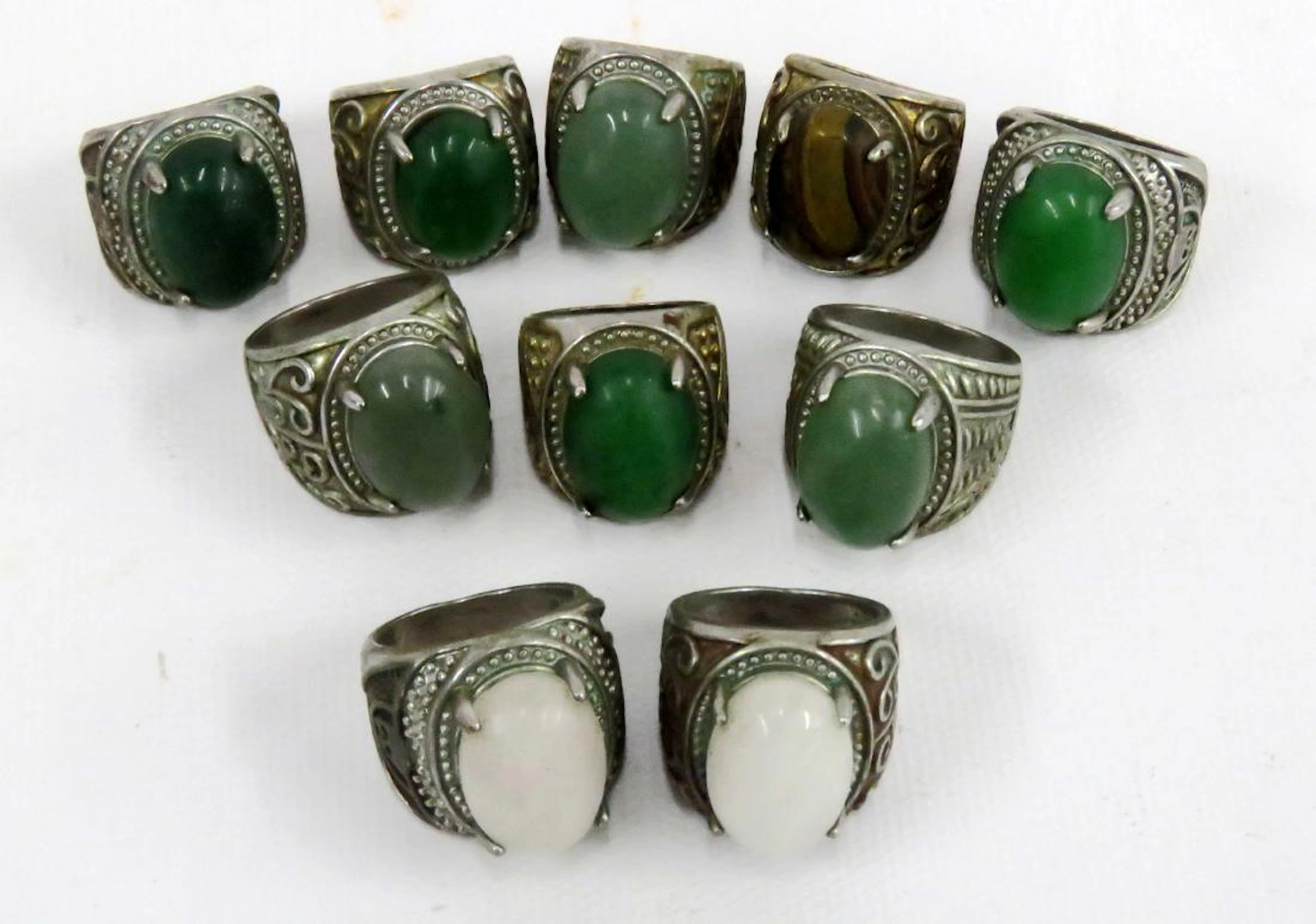 Lot (10) chinese metal alloy and hardstone mounted
