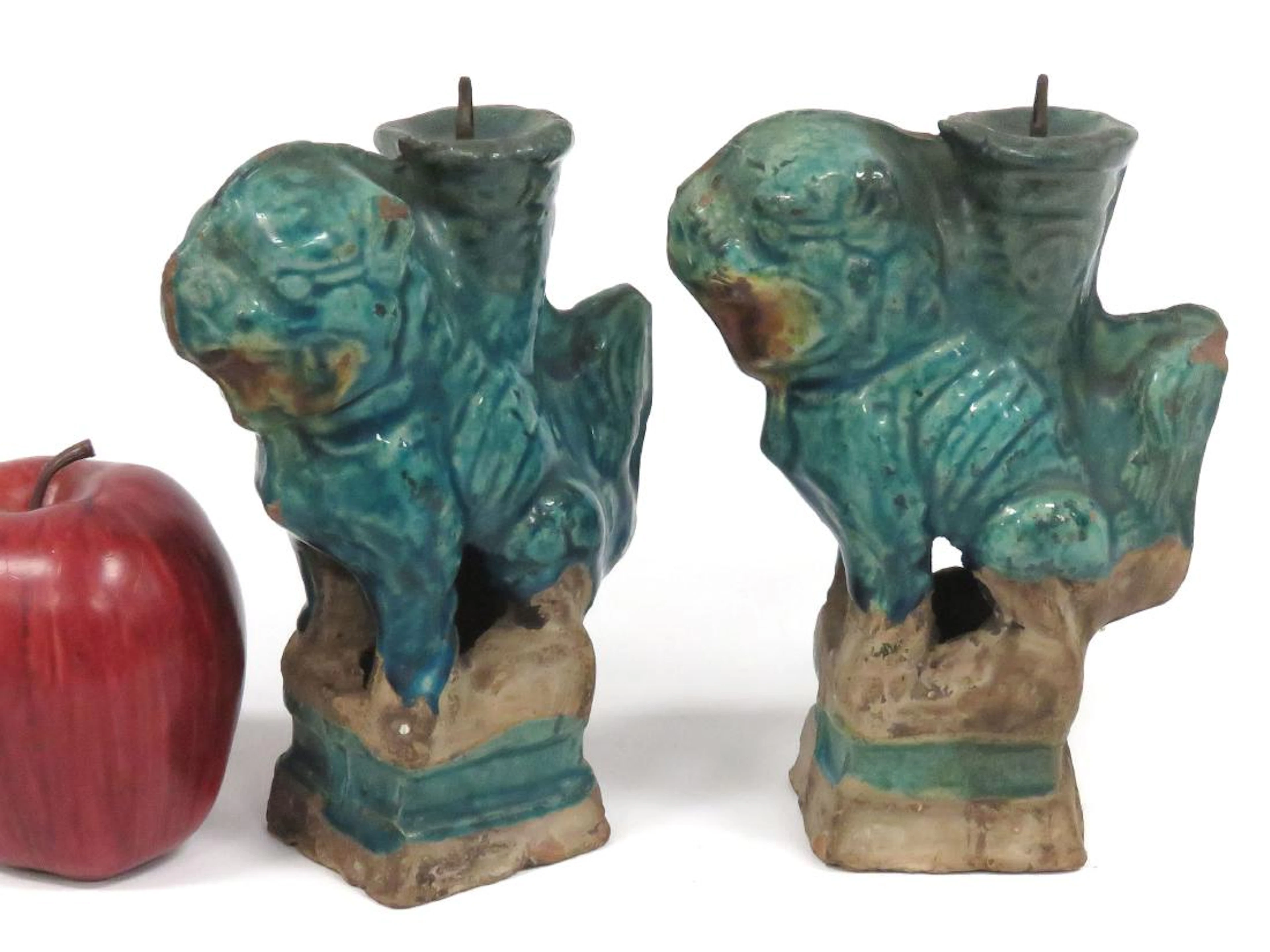 Pair chinese turquoise glaze pottery figural joss stick