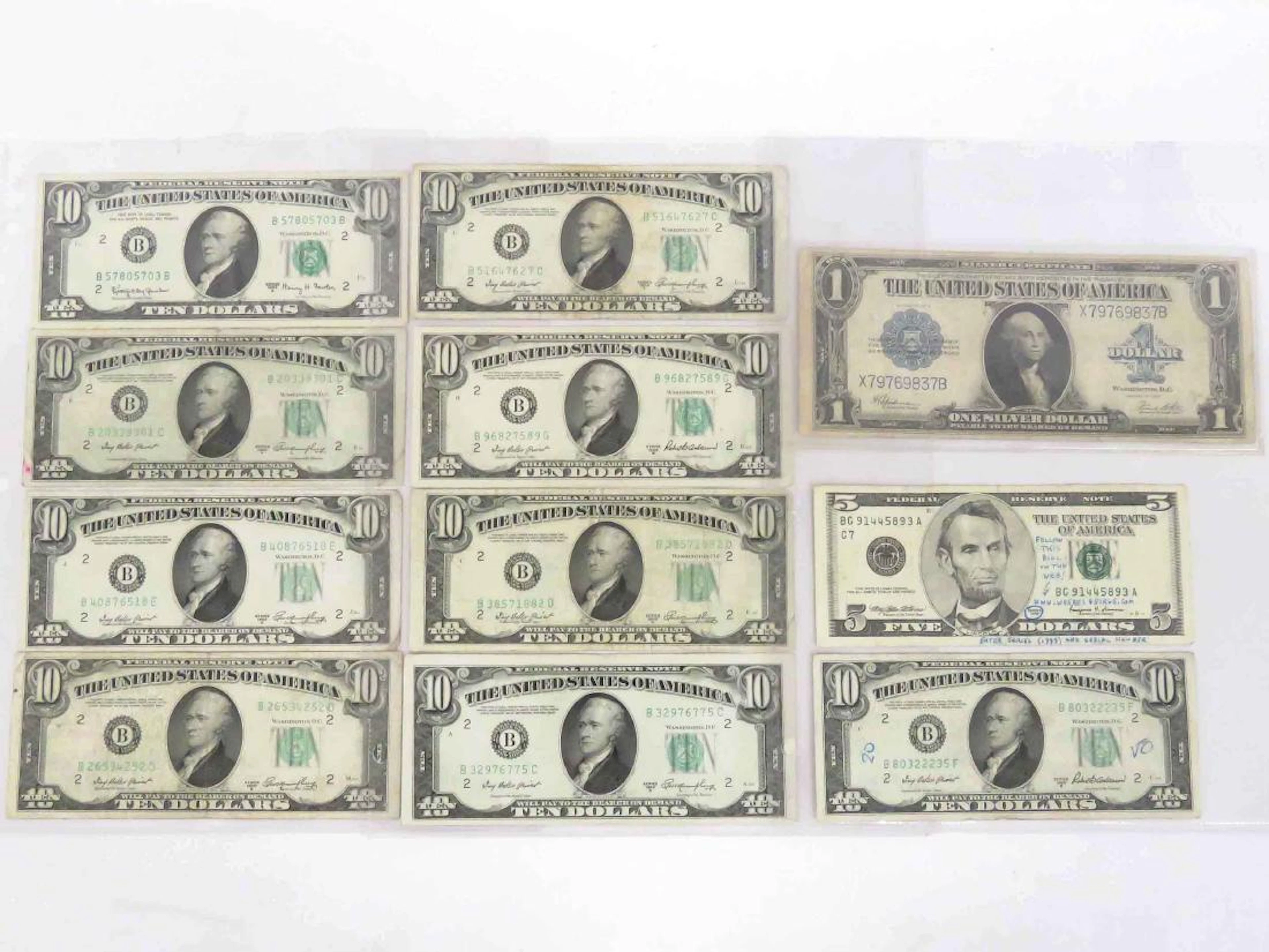 Lot (11) us currency including series 1923 $1.00 silver