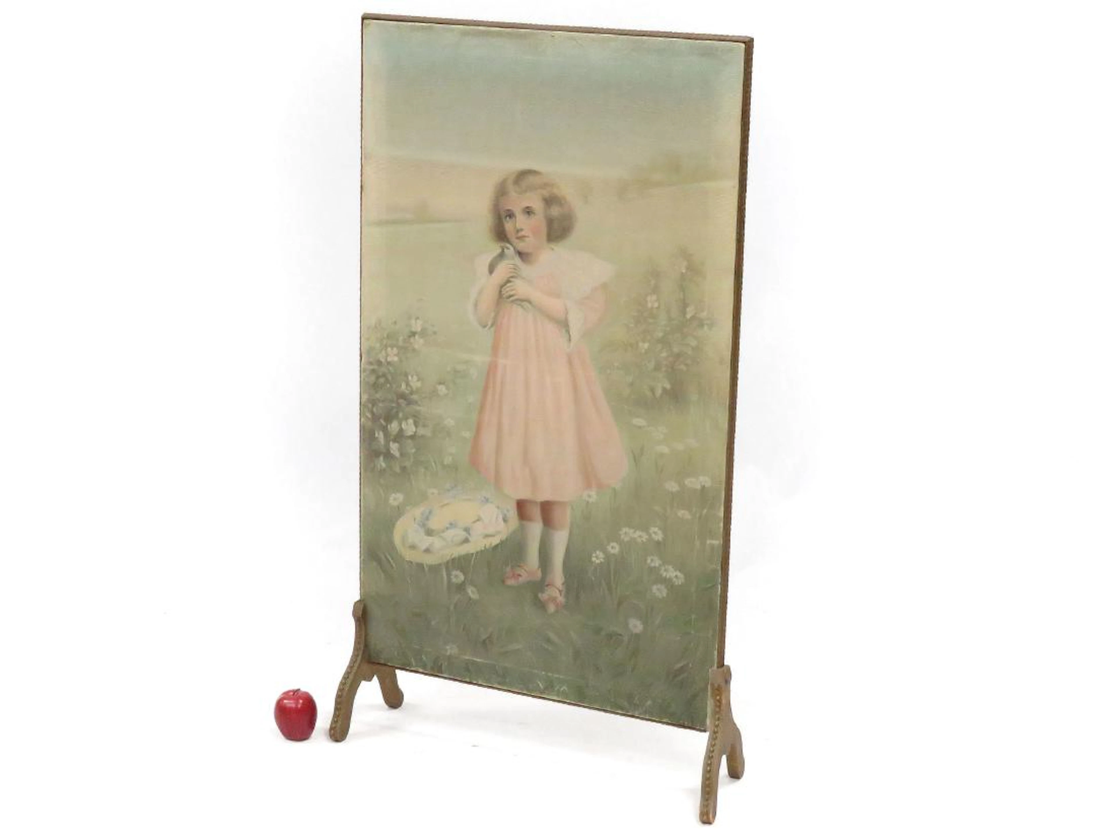 Edwardian figural painted fabric fire screen. height